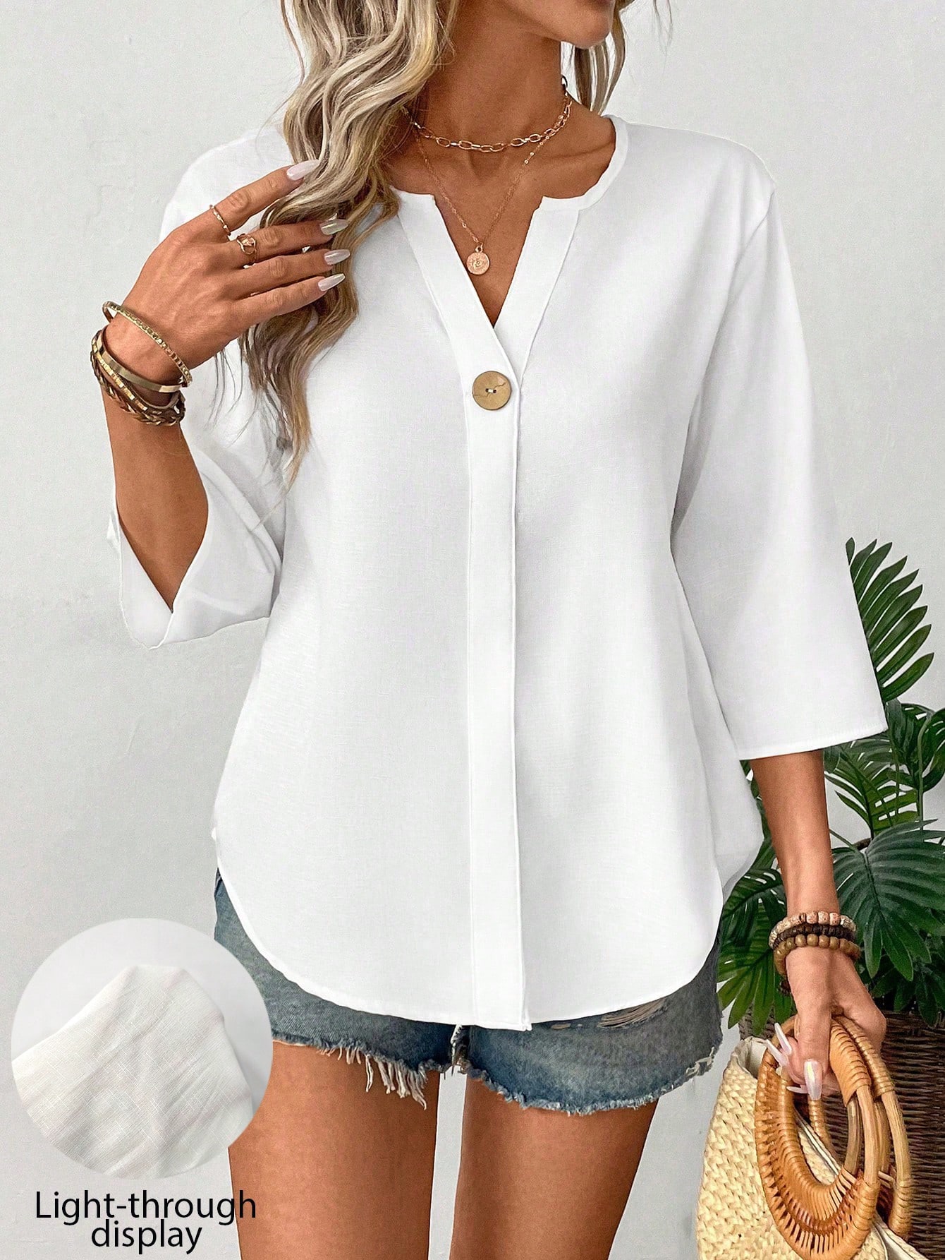 Blouse pour femme à manches 3/4 et col en V minimaliste, adaptée aux — vue 2