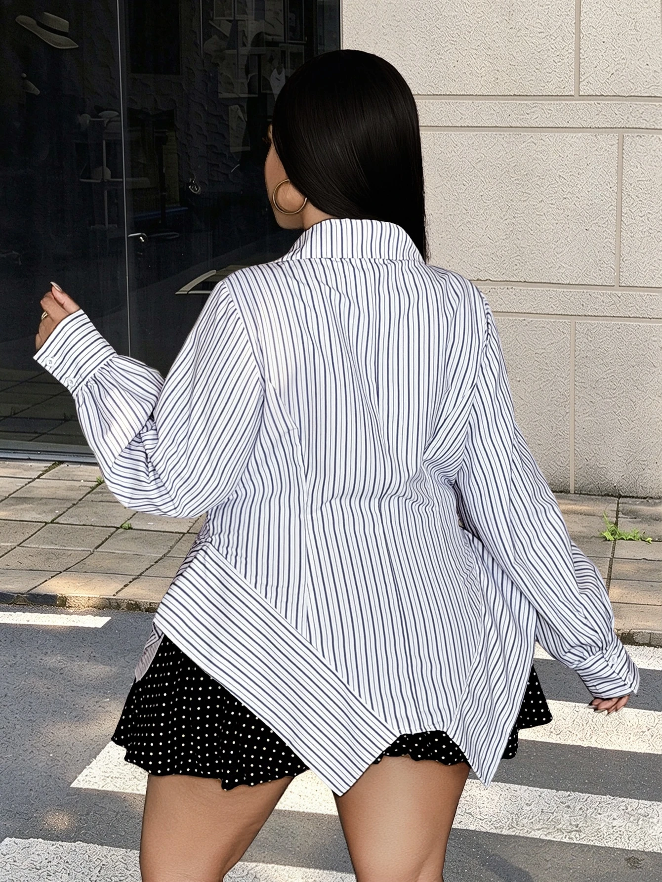 Maweii Chemisier rayé pour femmes avec taille cintrée, ourlet asymétrique, col à nouer, — vue 2