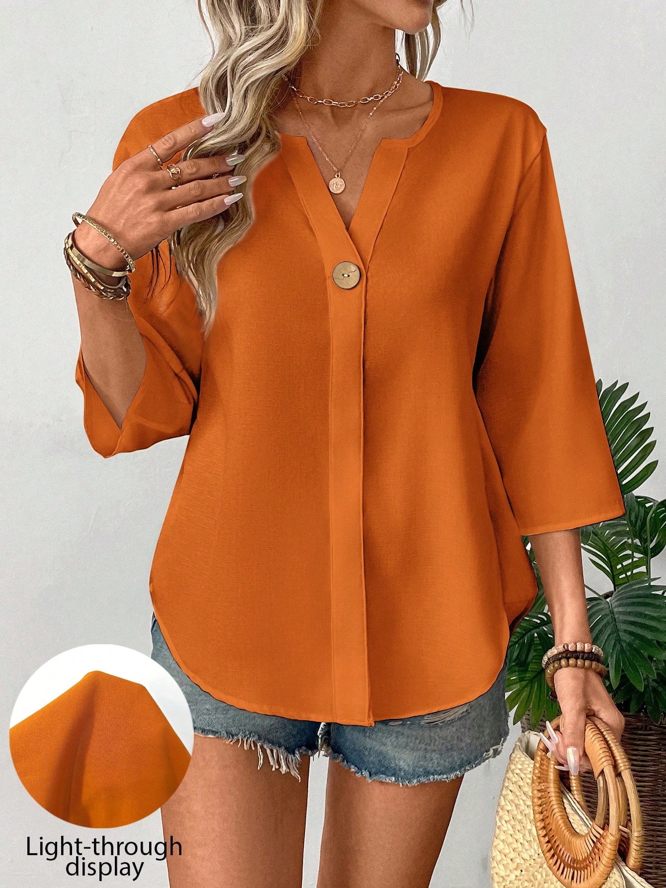 Blouse pour femme à manches 3/4 et col en V minimaliste, adaptée aux — vue 5