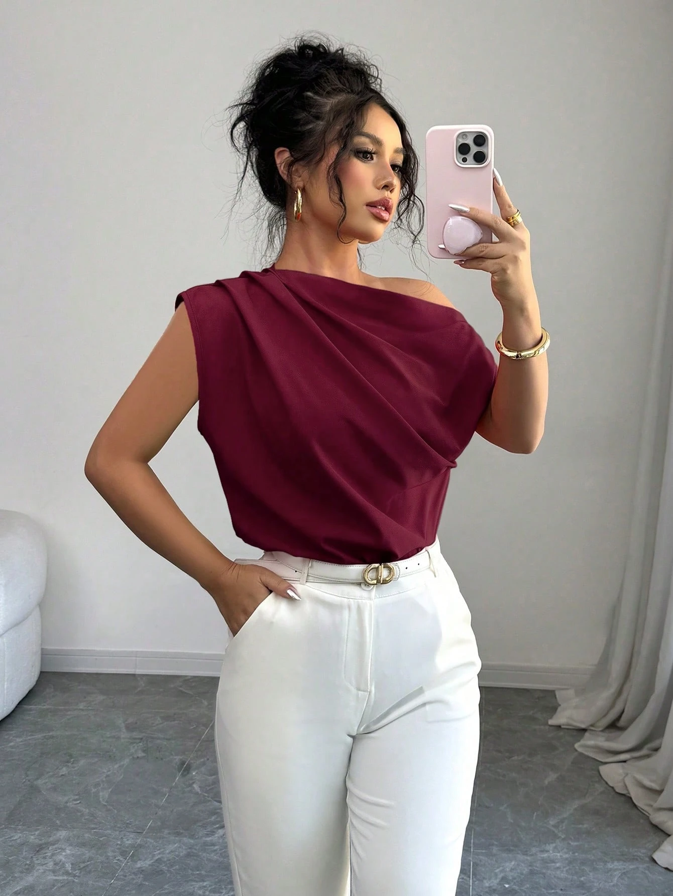 Elenzga Blouse rouge asymétrique à col froncé pour femme — vue 4