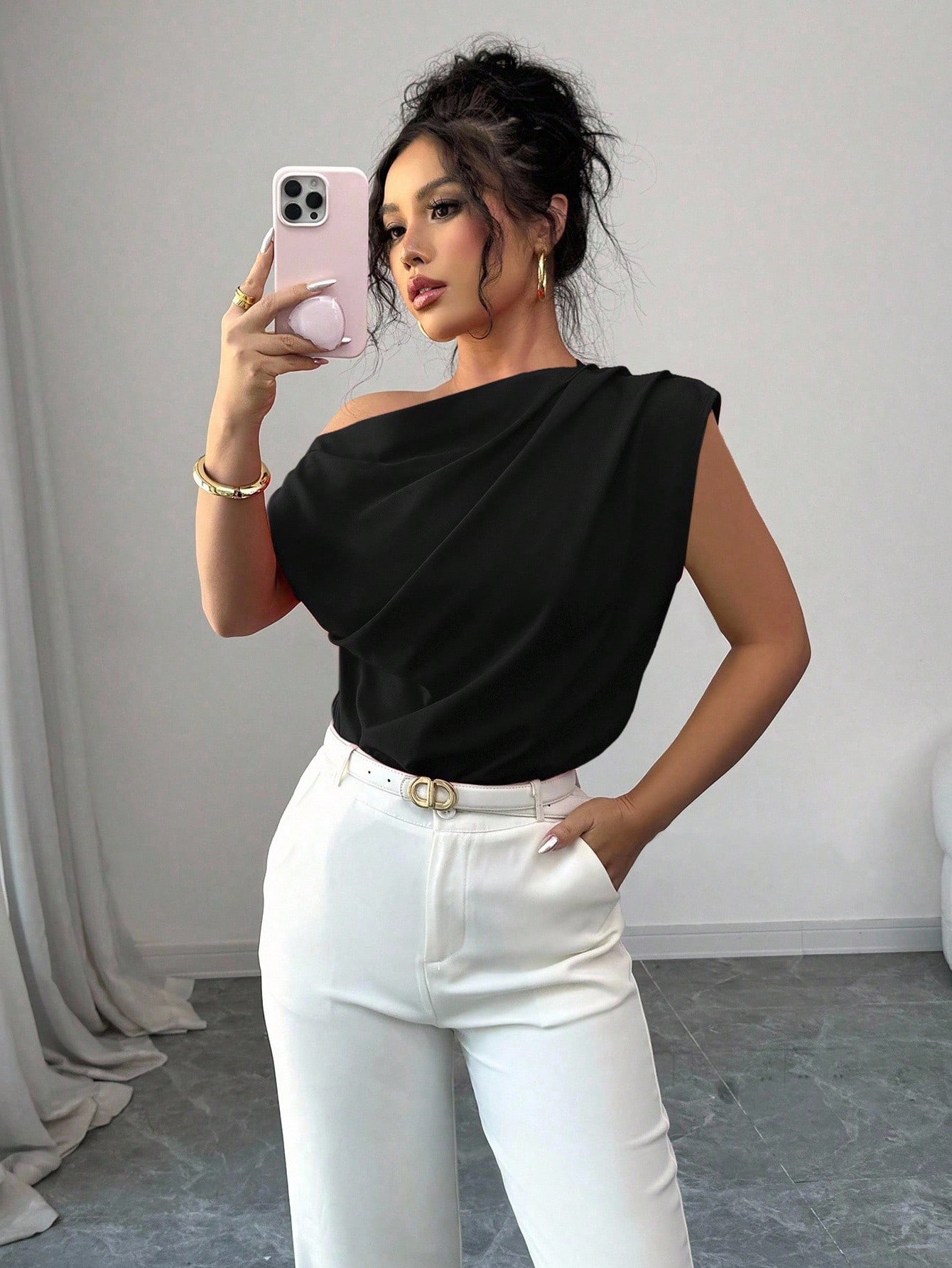 Elenzga Blouse rouge asymétrique à col froncé pour femme — vue 2
