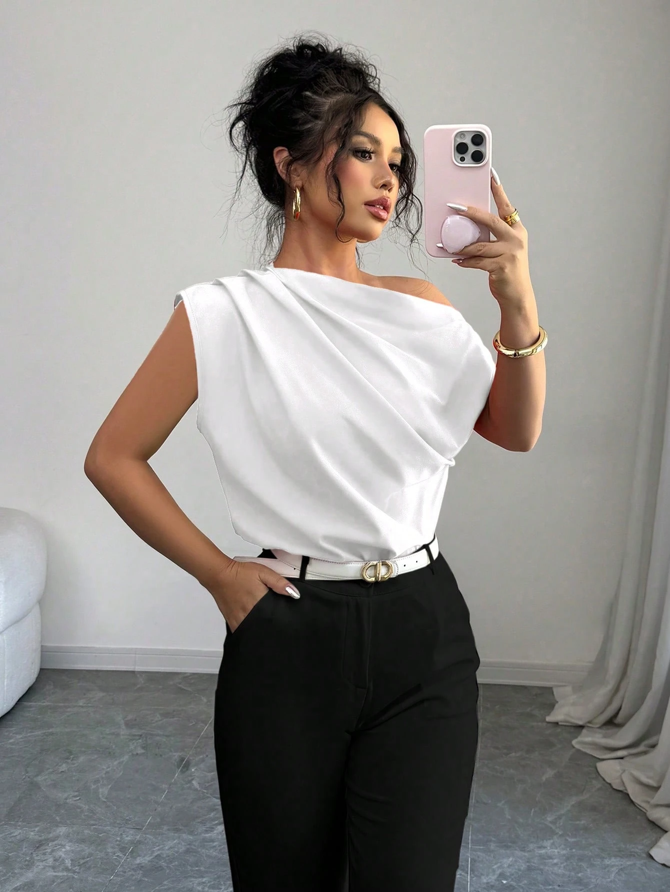 Elenzga Blouse rouge asymétrique à col froncé pour femme — vue 3