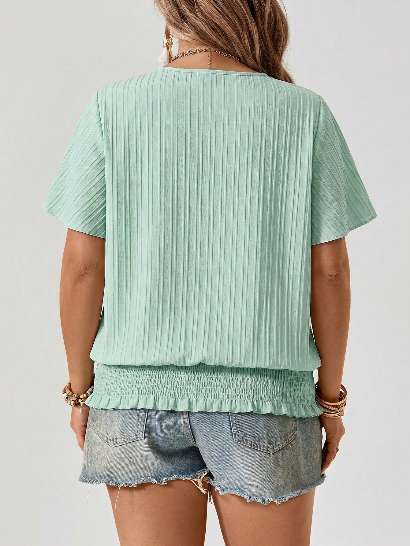 Freevana Blouse à encolure ras-du-cou à manches courtes élastiques avec ourlet volant, — vue 6