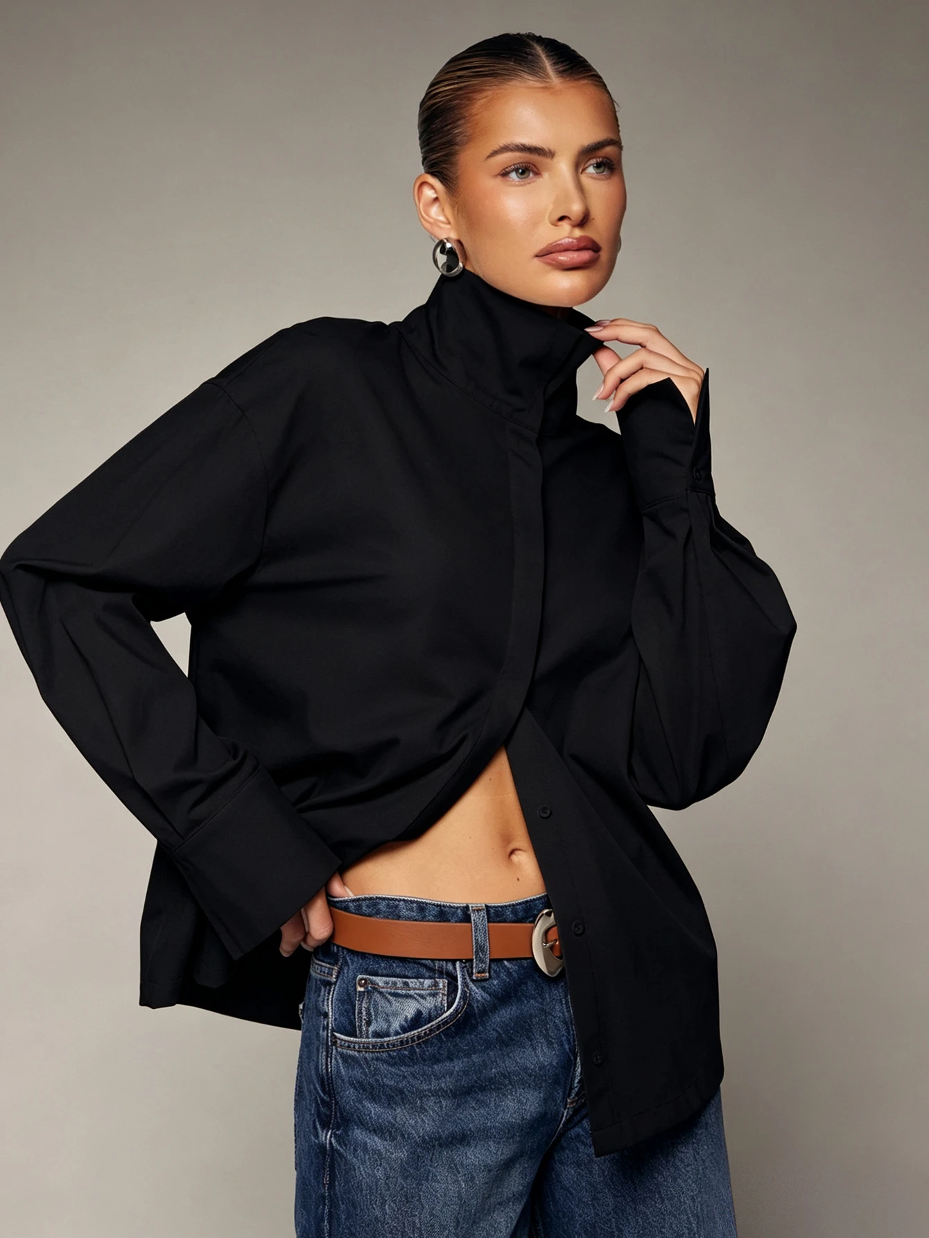 Hauture Chemise sexy et décontractée à col cheminée factice et manches longues pour femmes — vue 10