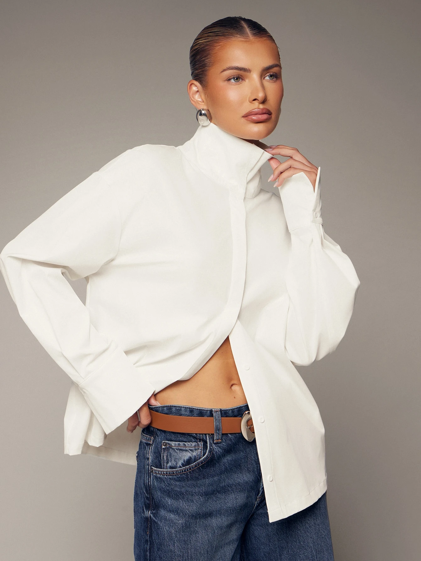 Hauture Chemise sexy et décontractée à col cheminée factice et manches longues pour femmes — vue 9