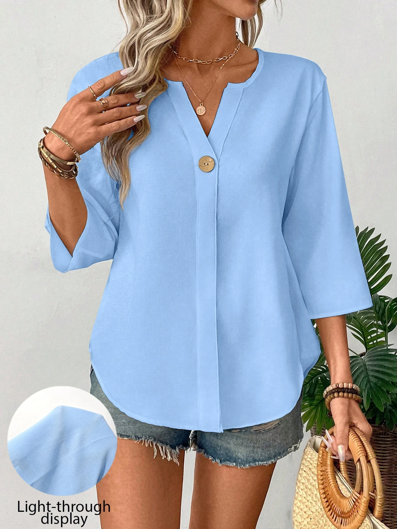 Blouse pour femme à manches 3/4 et col en V minimaliste, adaptée aux — vue 8
