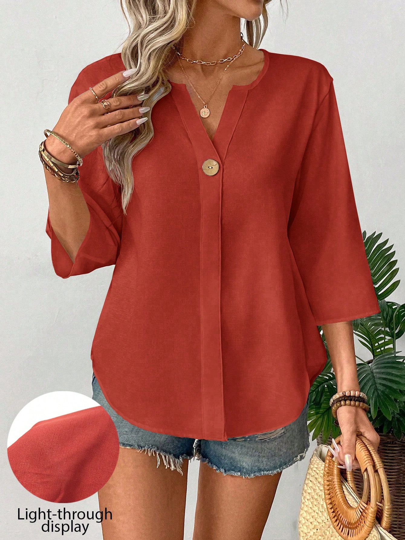 Blouse pour femme à manches 3/4 et col en V minimaliste, adaptée aux — vue 9