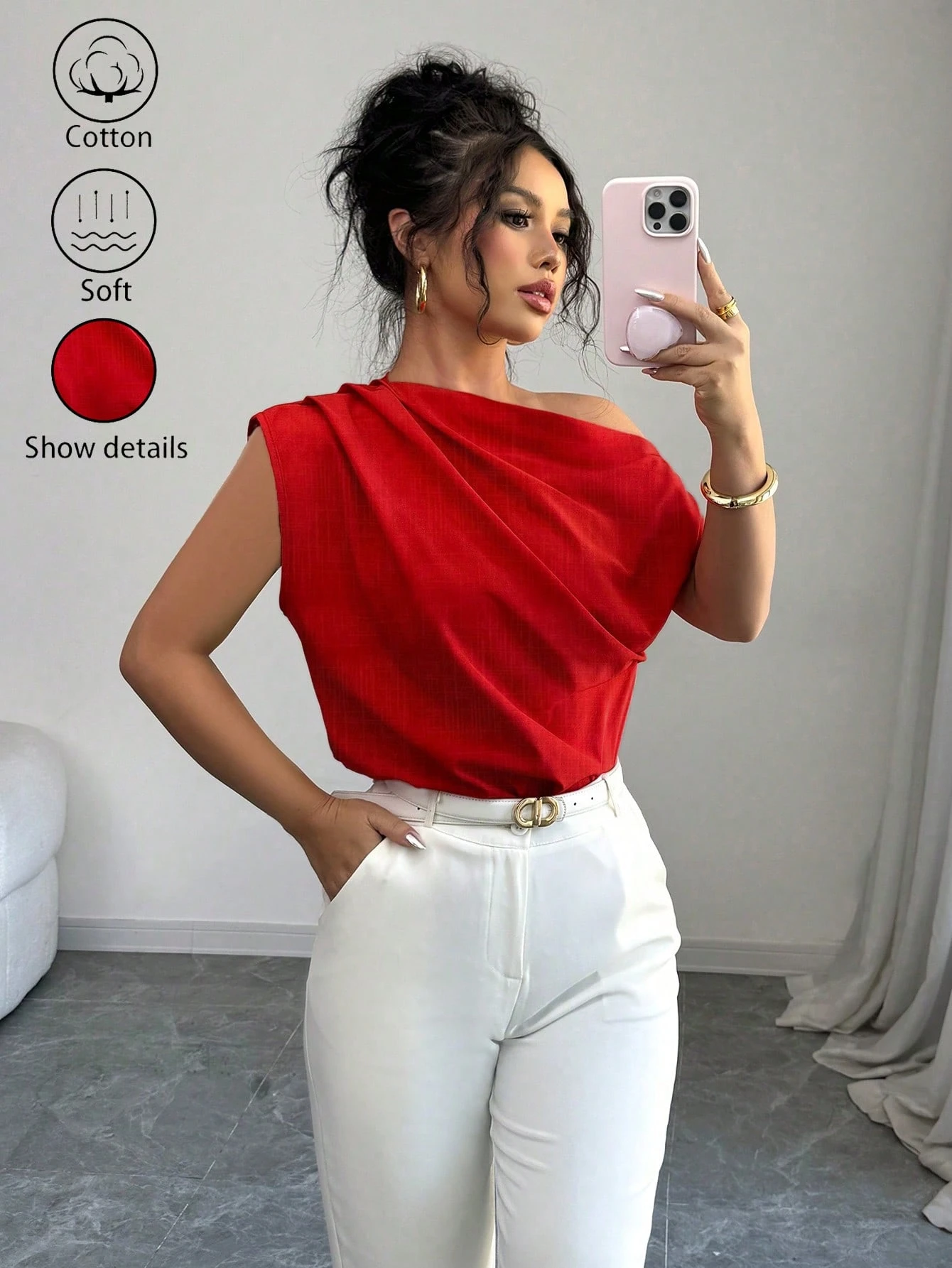 Elenzga Blouse rouge asymétrique à col froncé pour femme — vue 7