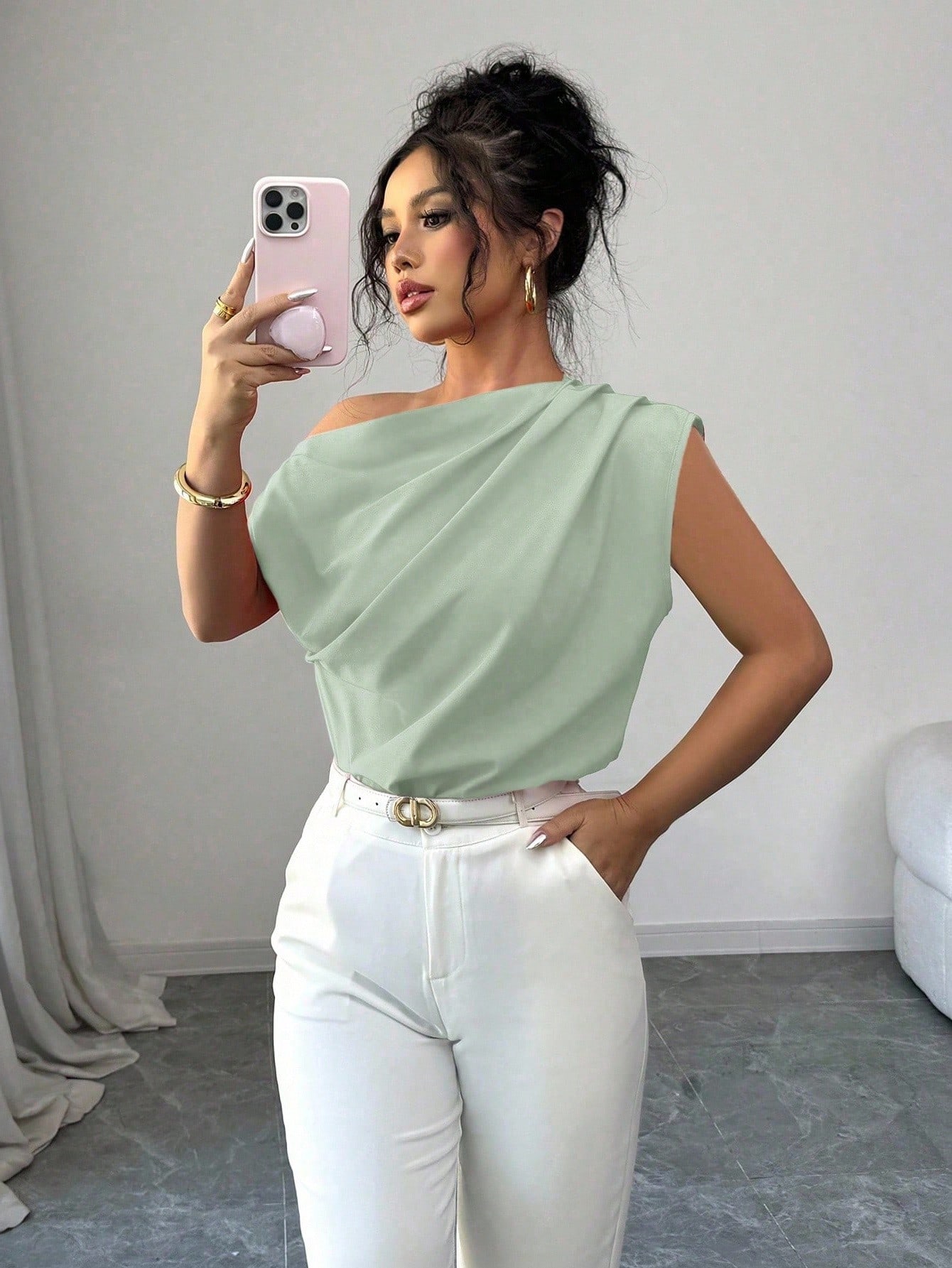 Elenzga Blouse rouge asymétrique à col froncé pour femme — vue 8