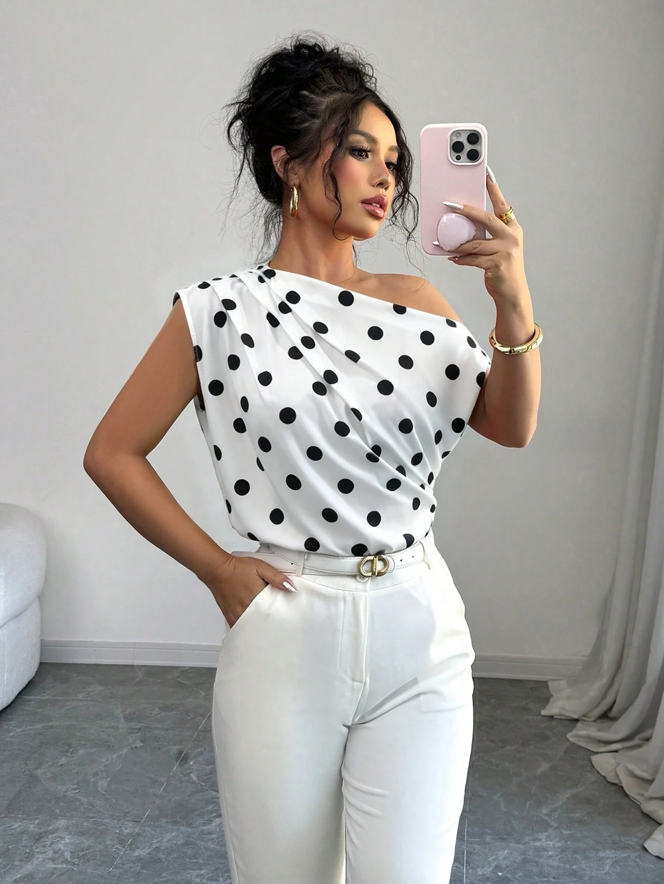 Elenzga Blouse rouge asymétrique à col froncé pour femme — vue 11