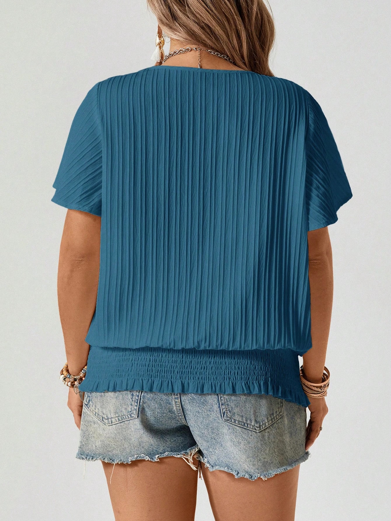 Freevana Blouse à encolure ras-du-cou à manches courtes élastiques avec ourlet volant, — vue 7