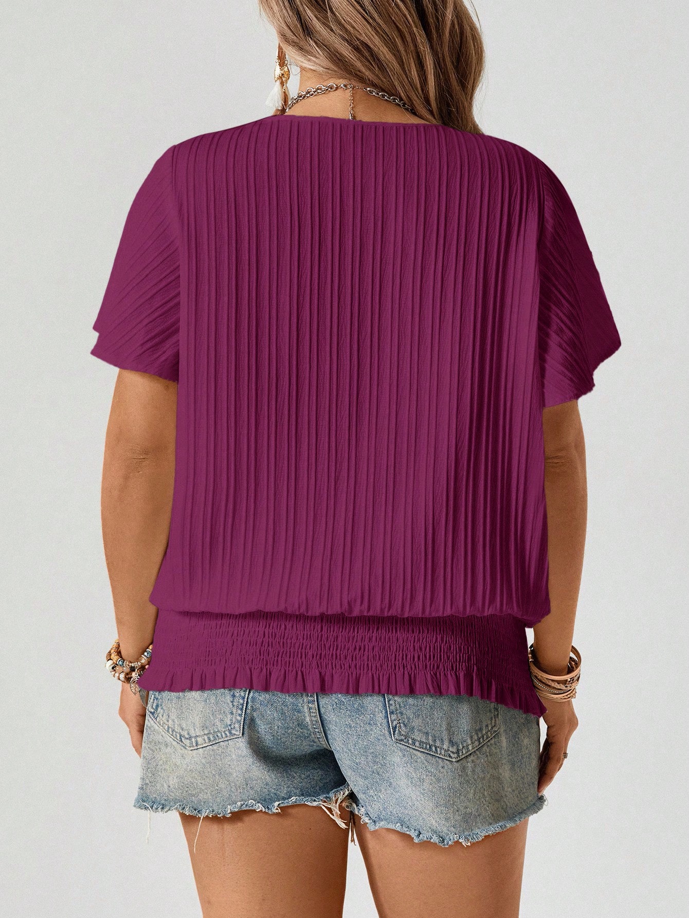 Freevana Blouse à encolure ras-du-cou à manches courtes élastiques avec ourlet volant, — vue 8