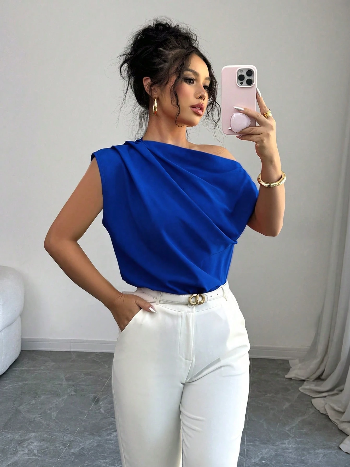 Elenzga Blouse rouge asymétrique à col froncé pour femme — vue 15