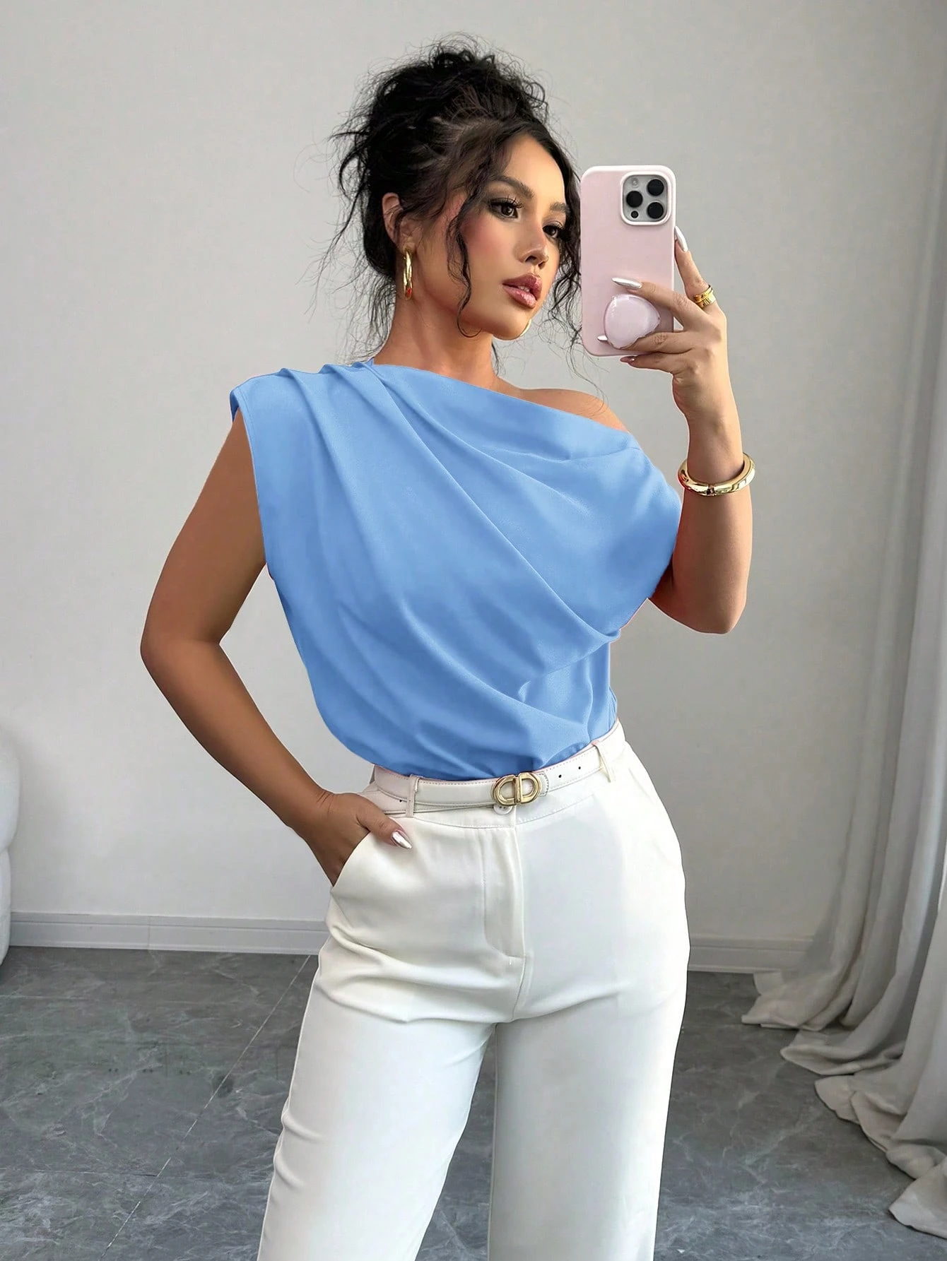Elenzga Blouse rouge asymétrique à col froncé pour femme — vue 17