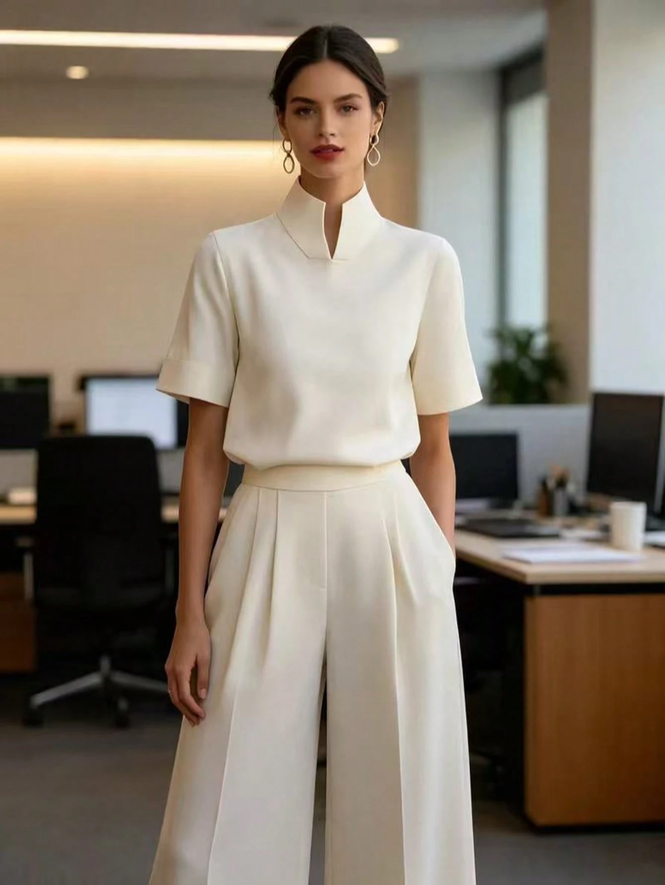 Blouse élégante pour femme à col chinois, manches courtes, couleur abricot, tricot côtelé — vue 8