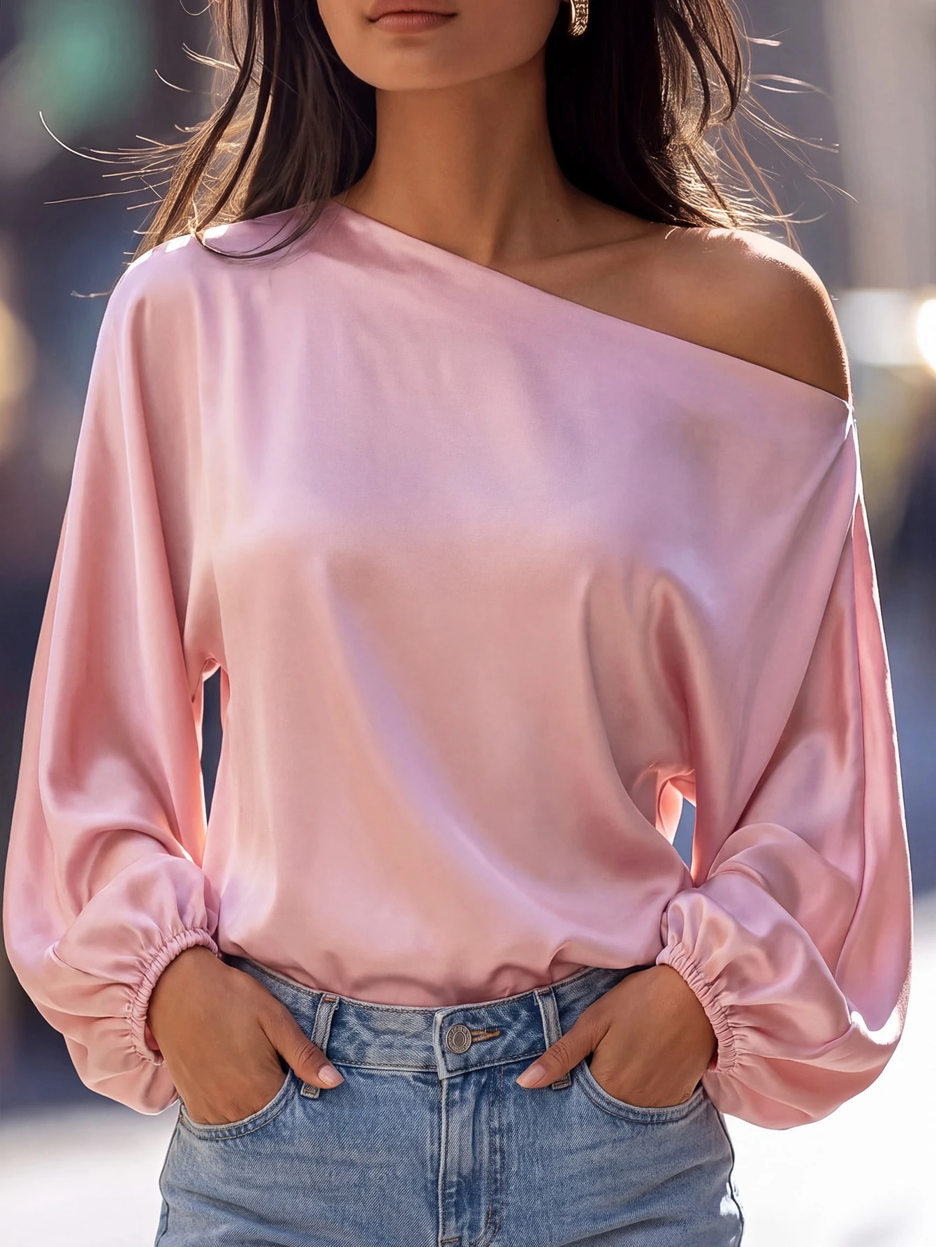 Blouse ample femme col asymétrique manches chauve-souris couleur unie — vue 3