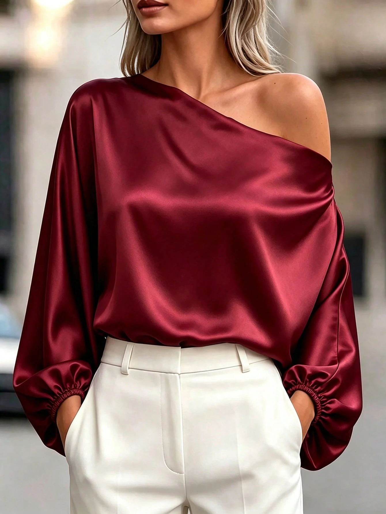 Blouse ample femme col asymétrique manches chauve-souris couleur unie — vue 2