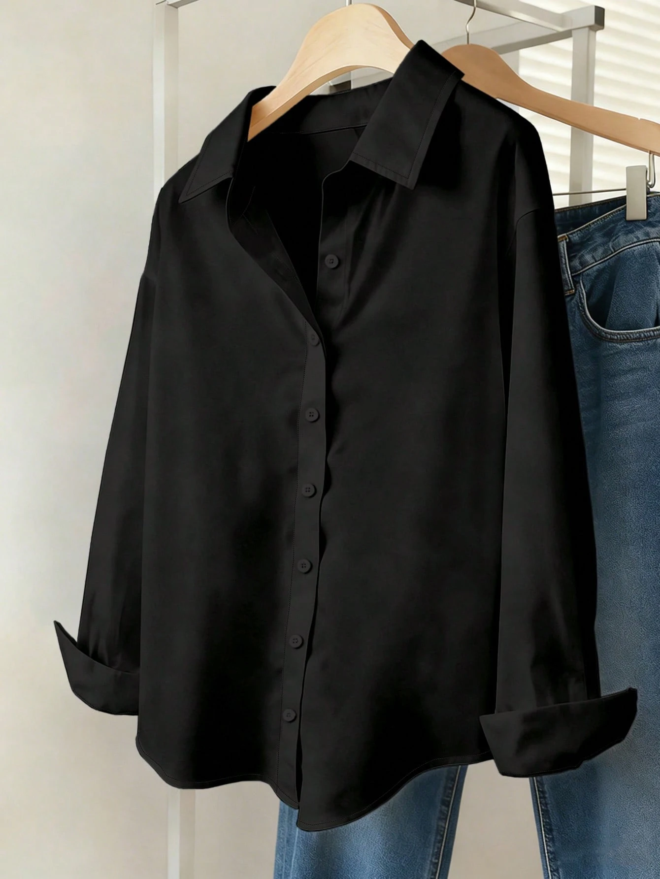 INAWLY Chemise décontractée à manches longues à épaules tombantes et boutonnage simple de — vue 2