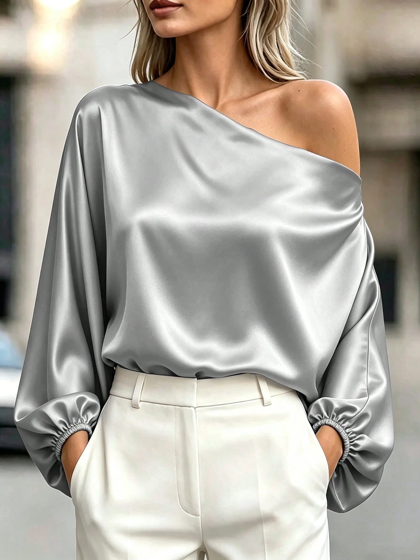 Blouse ample femme col asymétrique manches chauve-souris couleur unie — vue 5