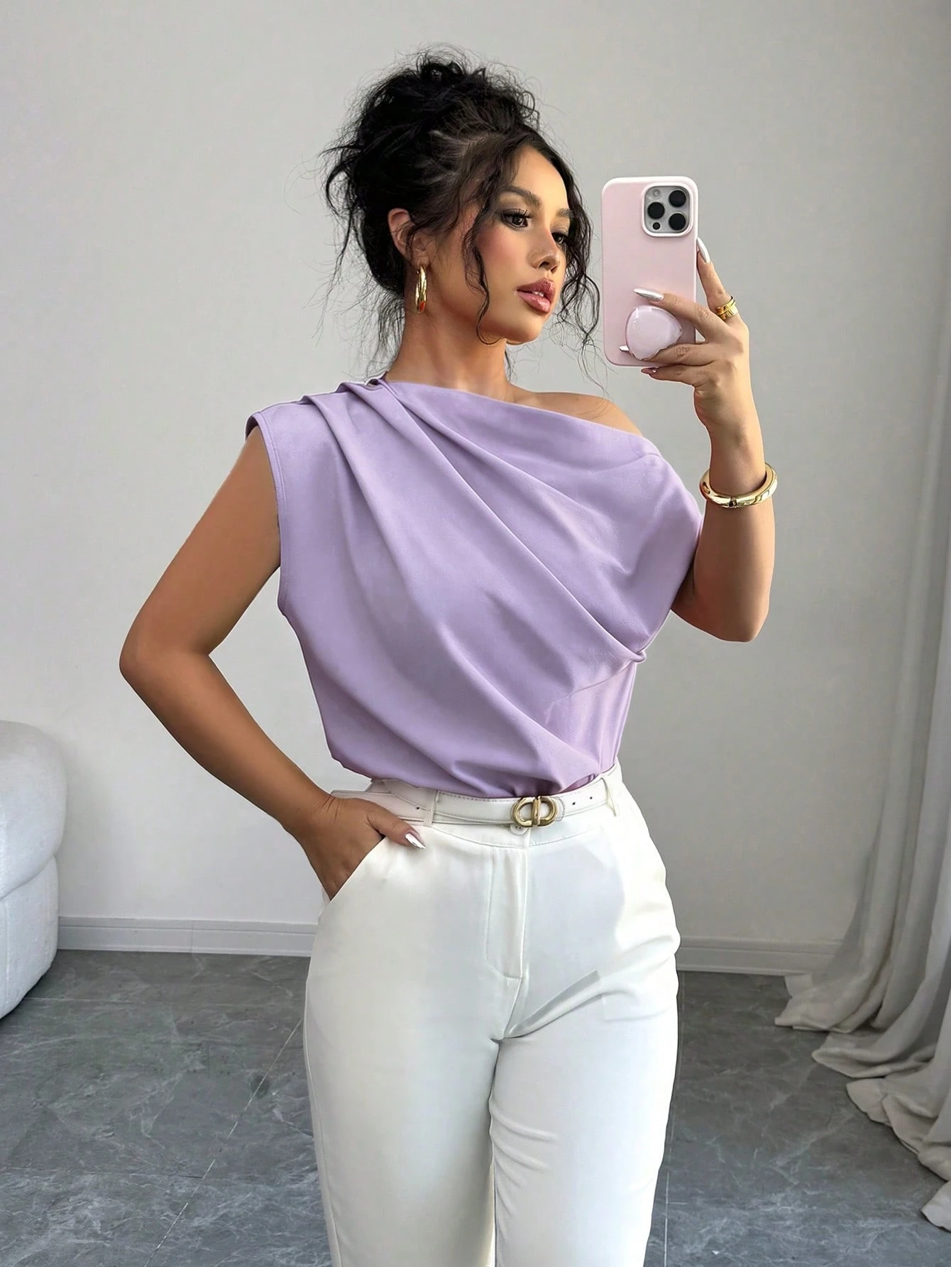 Elenzga Blouse rouge asymétrique à col froncé pour femme — vue 20