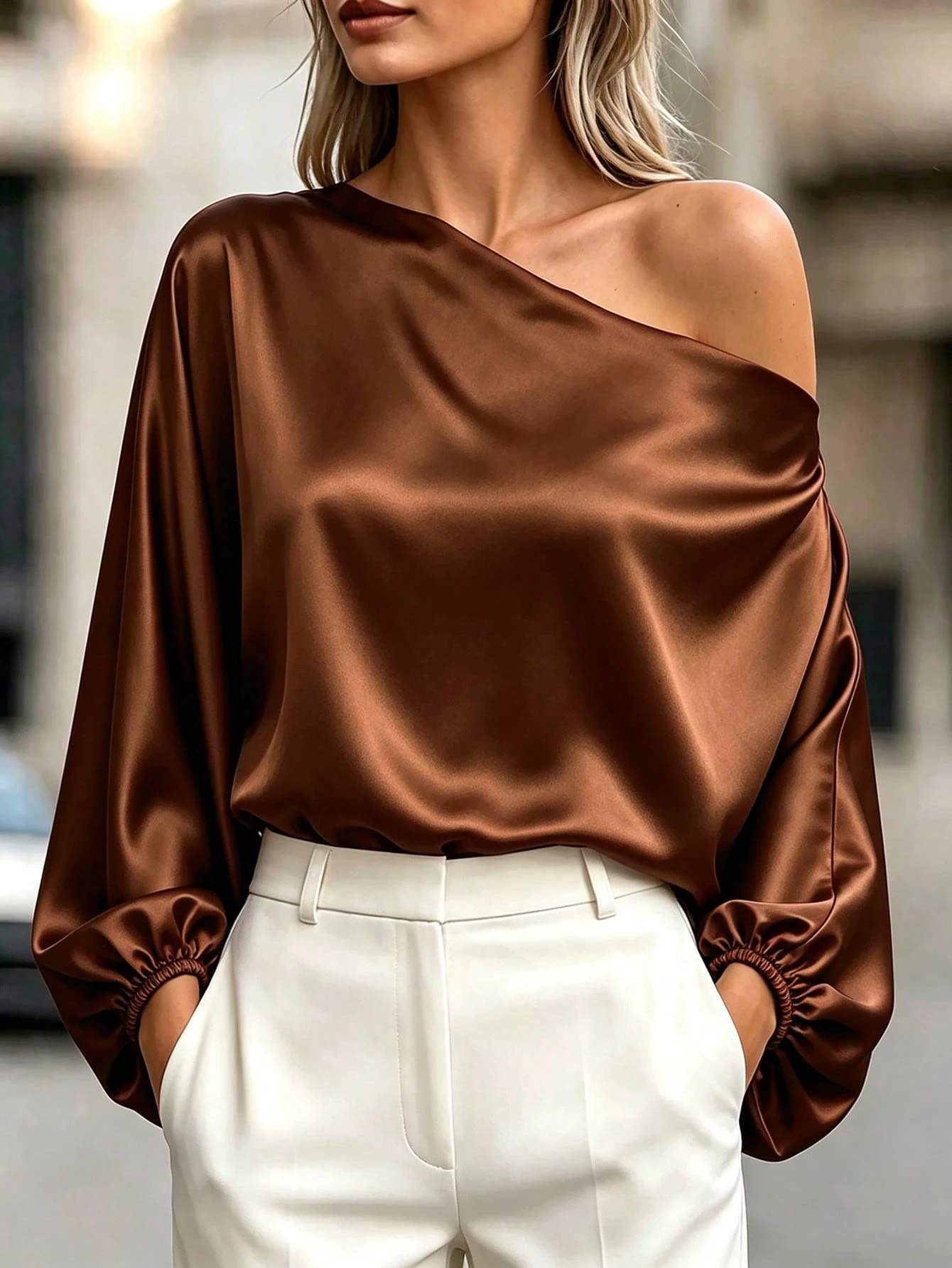 Blouse ample femme col asymétrique manches chauve-souris couleur unie — vue 7