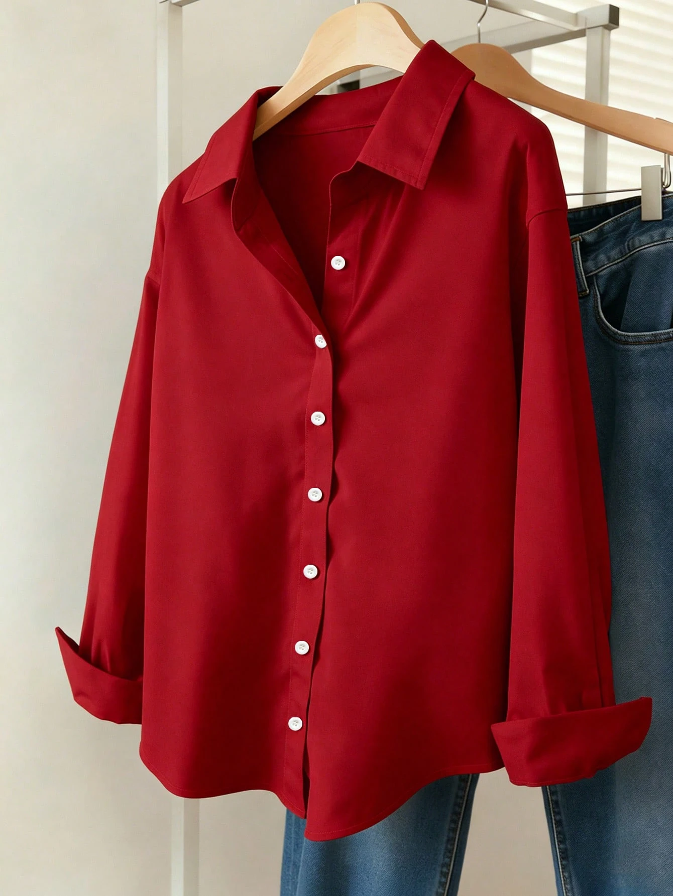 INAWLY Chemise décontractée à manches longues à épaules tombantes et boutonnage simple de — vue 7
