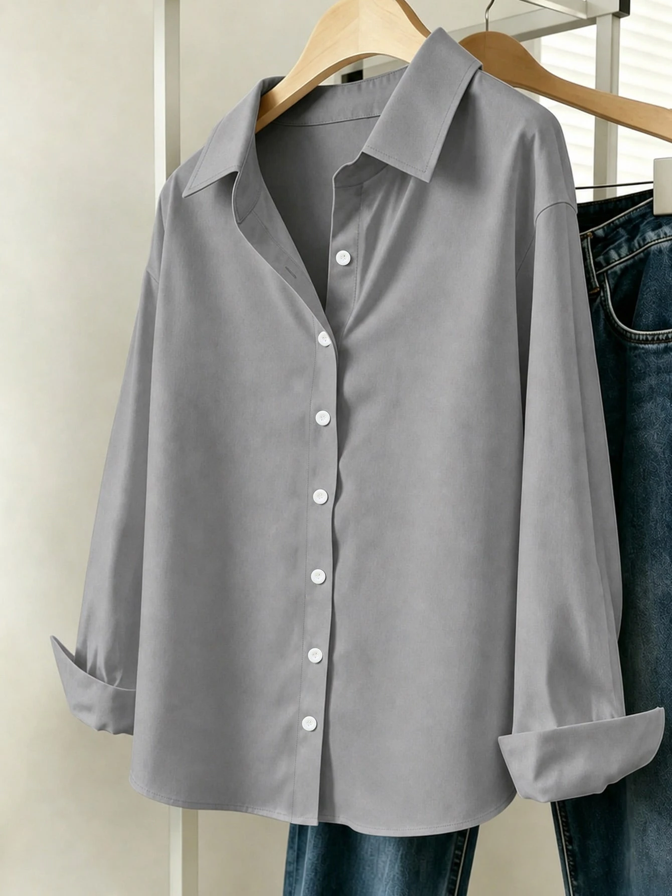 INAWLY Chemise décontractée à manches longues à épaules tombantes et boutonnage simple de — vue 9