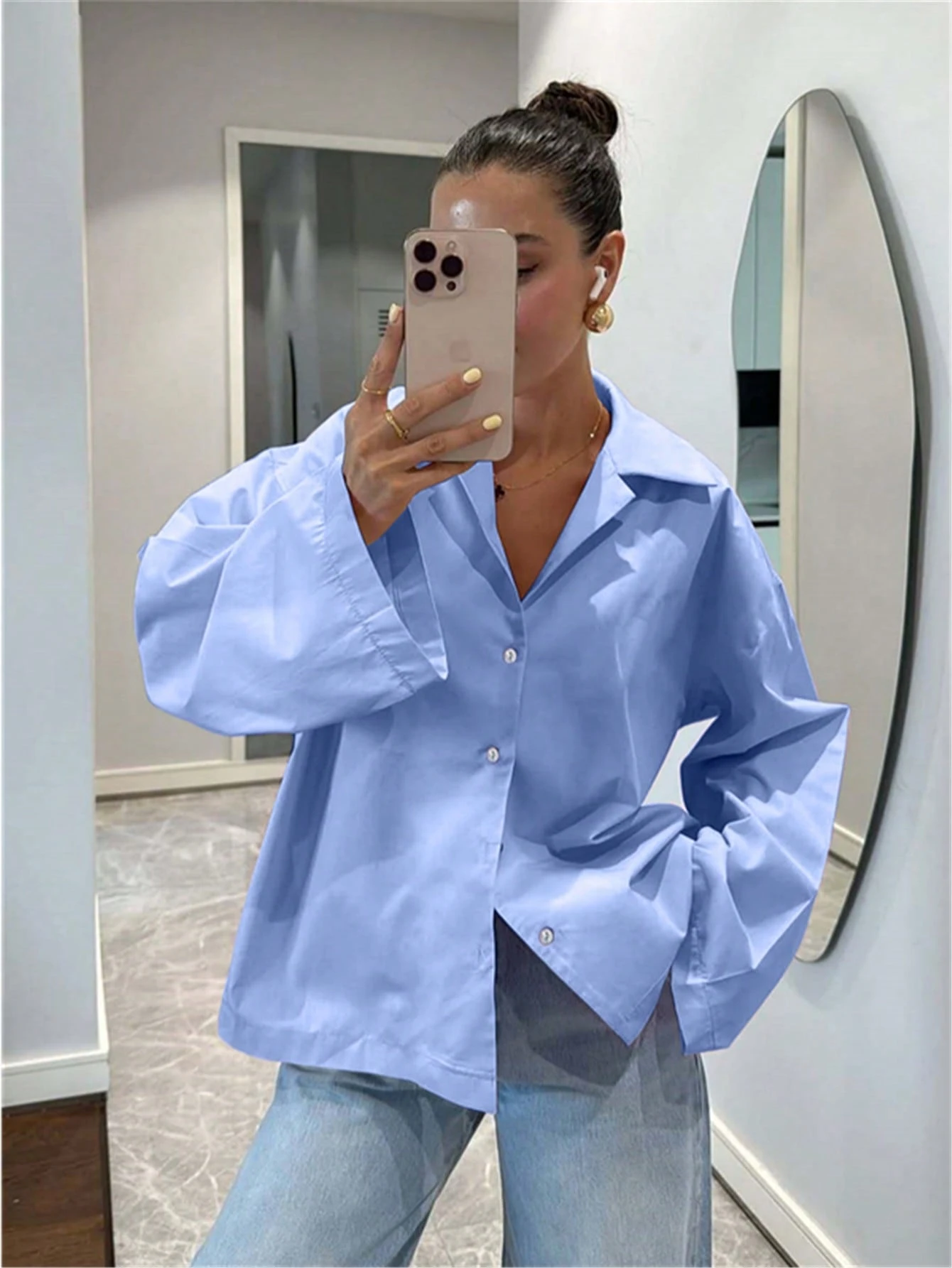 Chemise femme bleu clair à manches longues, style vintage élégant et décontracté, pour