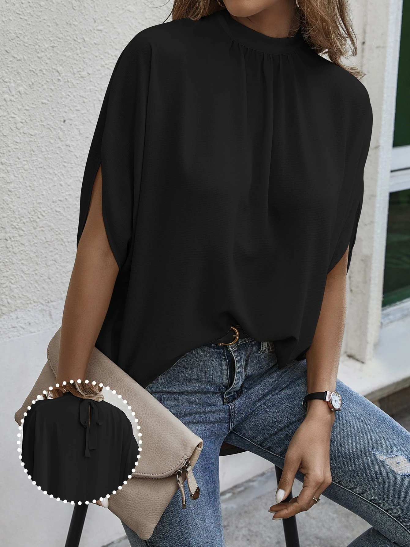 EMERY ROSE Blouse unie à manches chauve-souris avec attache au dos — vue 5
