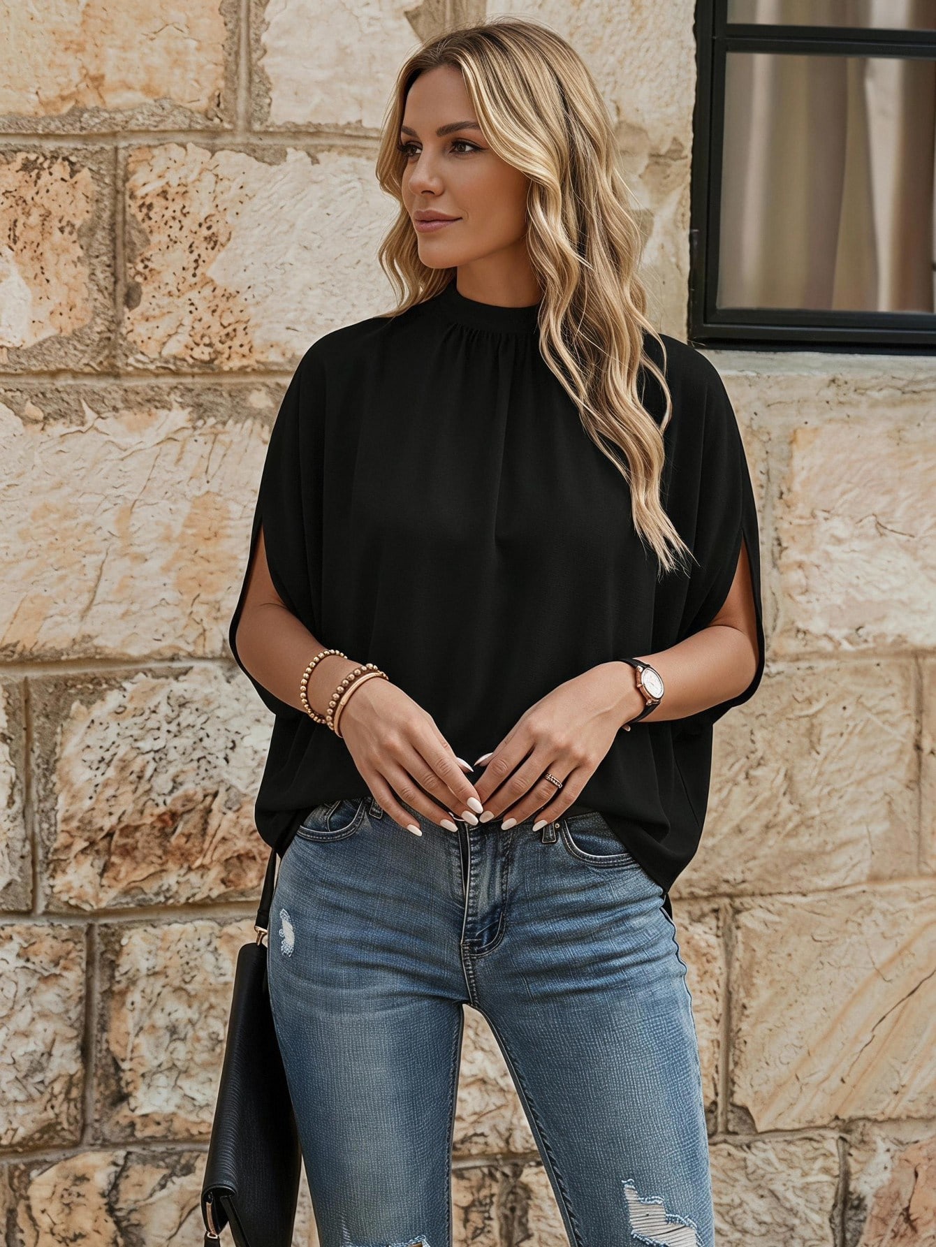 EMERY ROSE Blouse unie à manches chauve-souris avec attache au dos