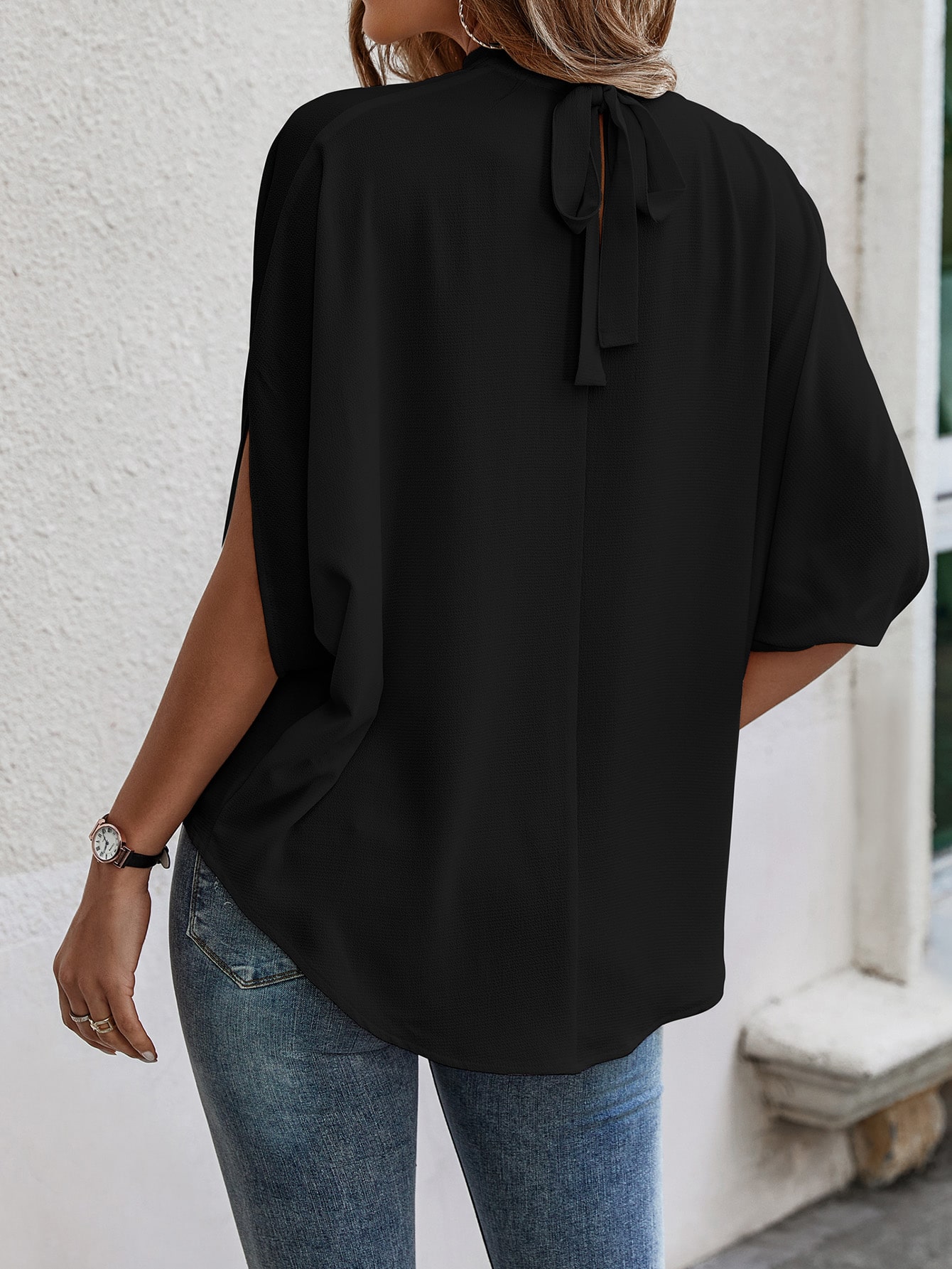 EMERY ROSE Blouse unie à manches chauve-souris avec attache au dos — vue 3