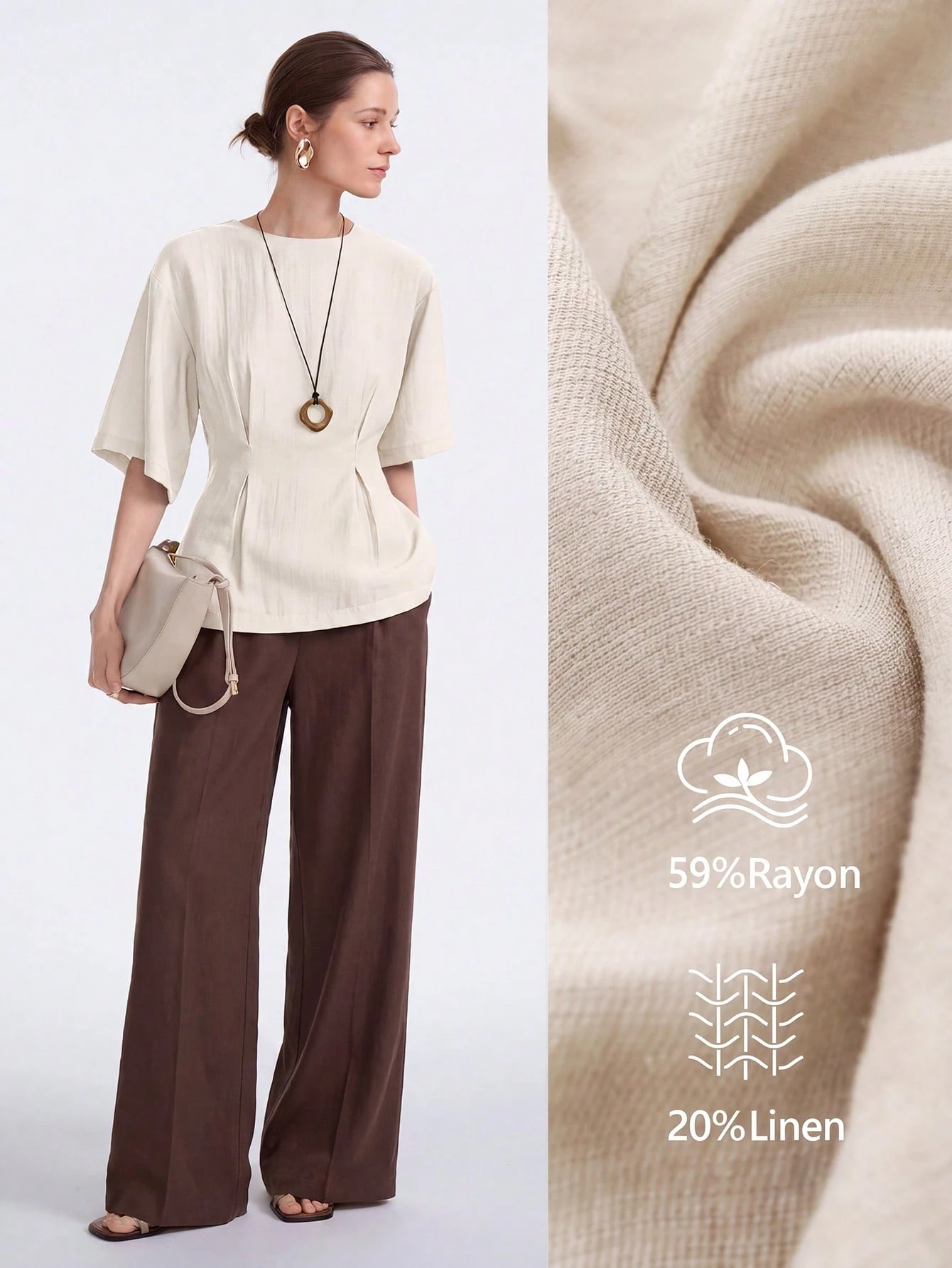 Aalyst Blouse à manches courtes avec taille froncée, col rond, en mélange de lin.