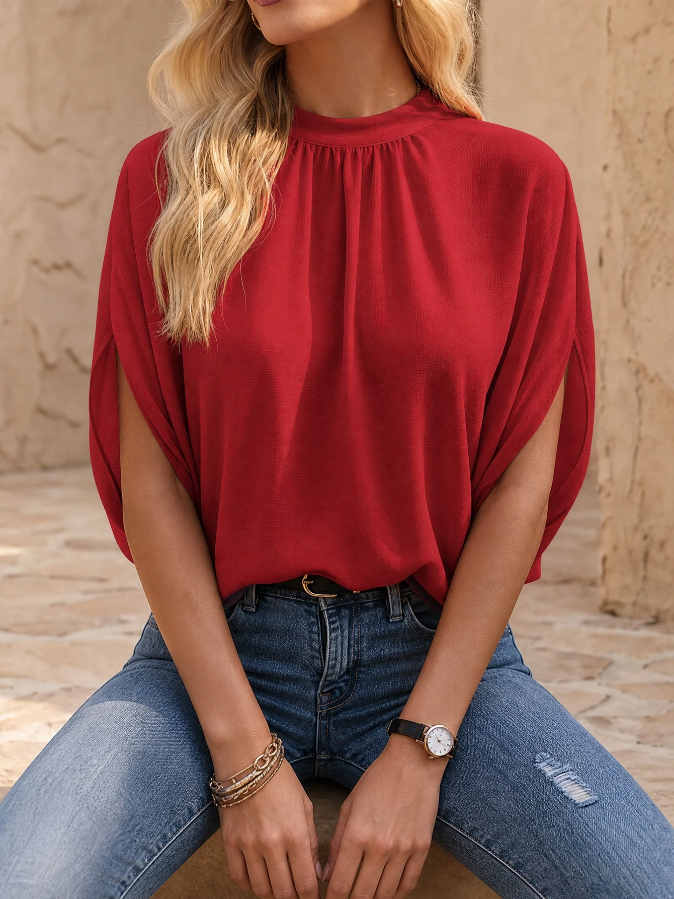 EMERY ROSE Blouse à nœud à manches chauve-souris unicolore — vue 6