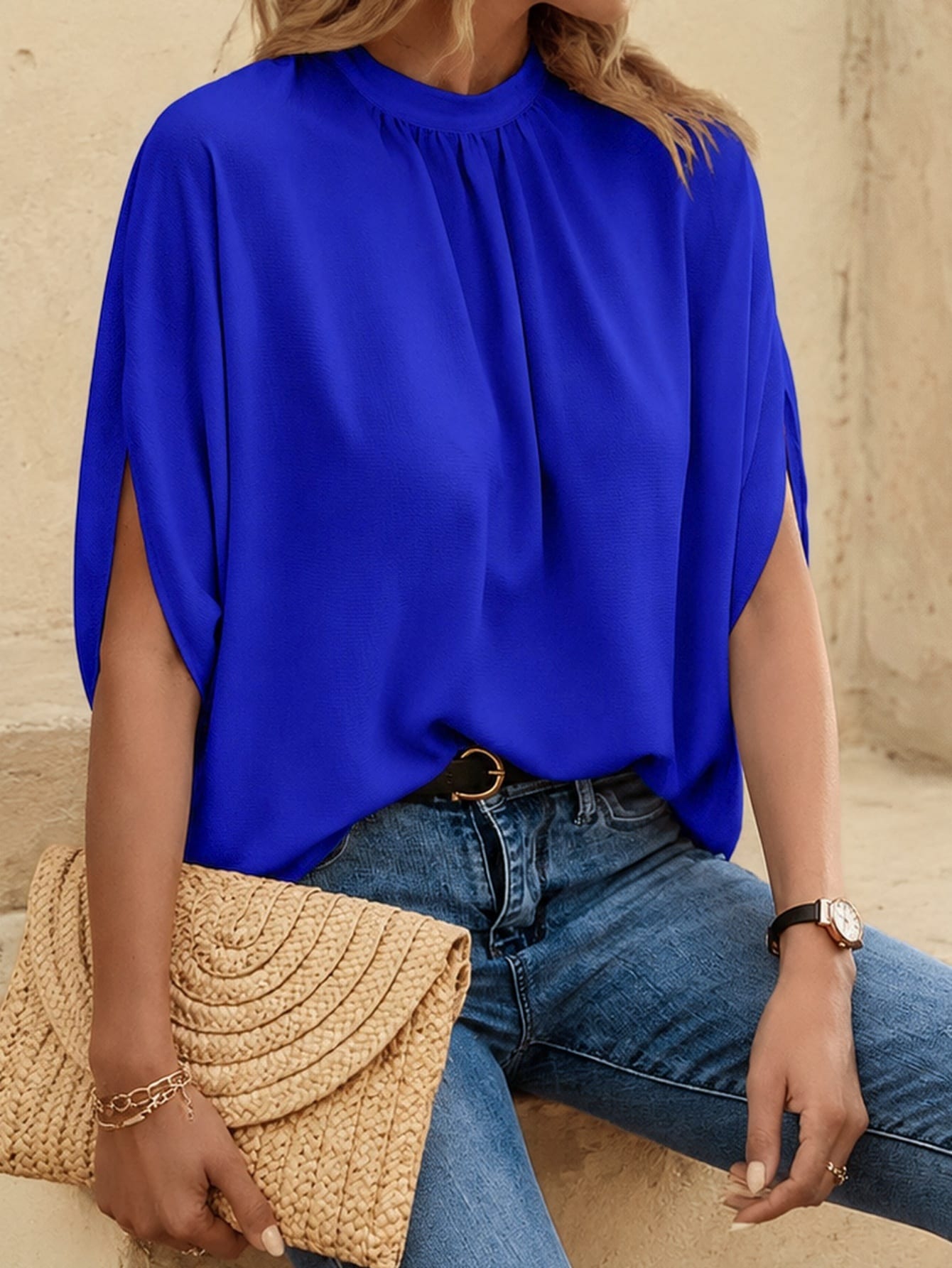 EMERY ROSE Blouse à nœud à manches chauve-souris unicolore