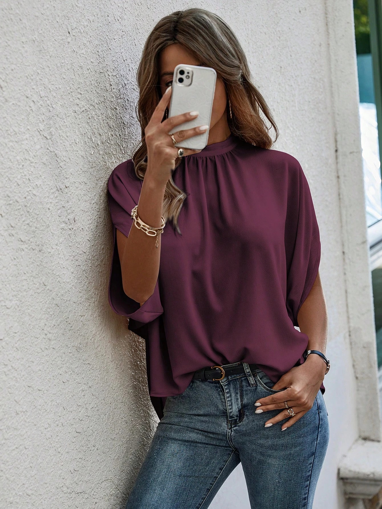 EMERY ROSE Blouse à nœud à manches chauve-souris unicolore — vue 4