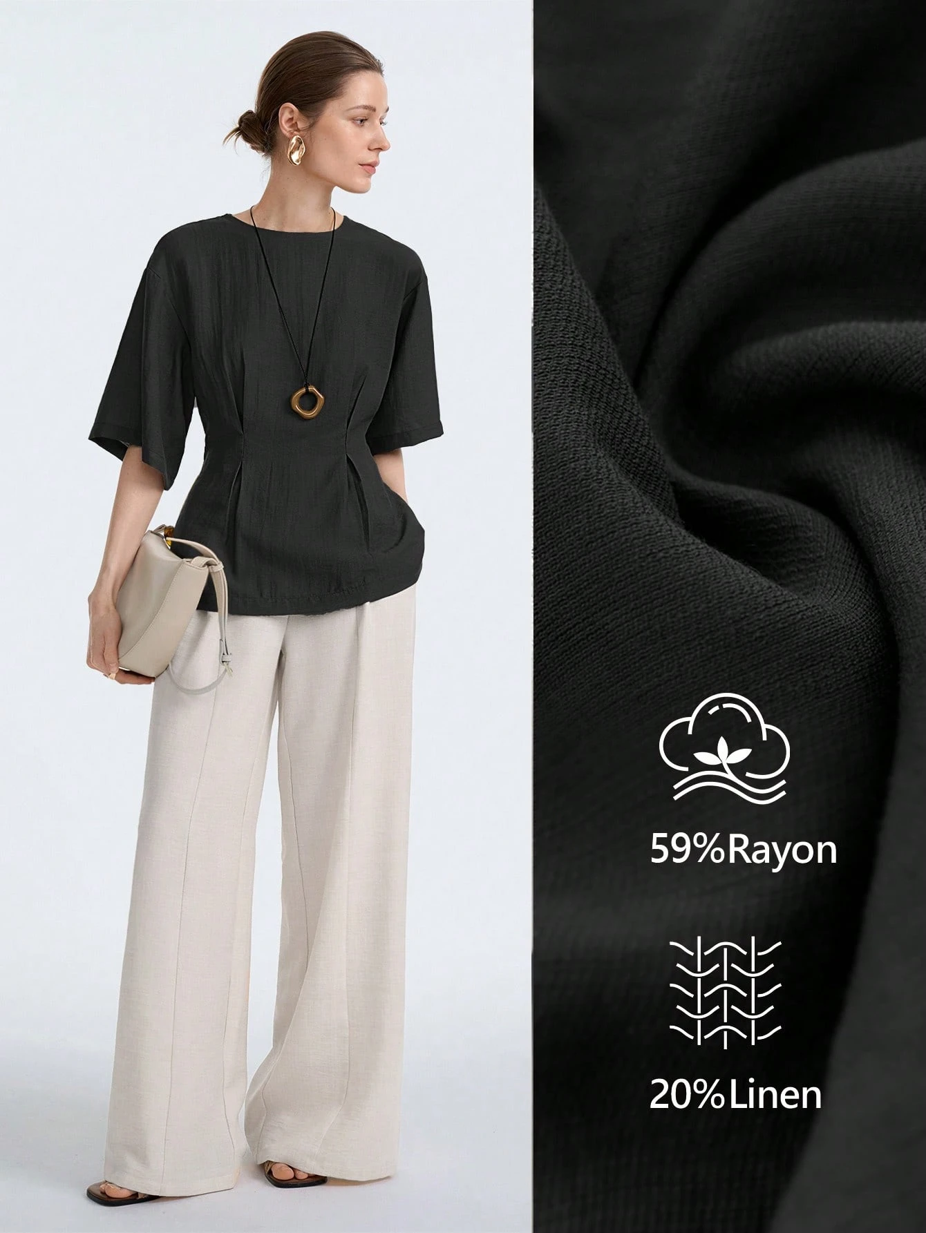 Aalyst Blouse à manches courtes avec taille froncée, col rond, en mélange de lin. — vue 2