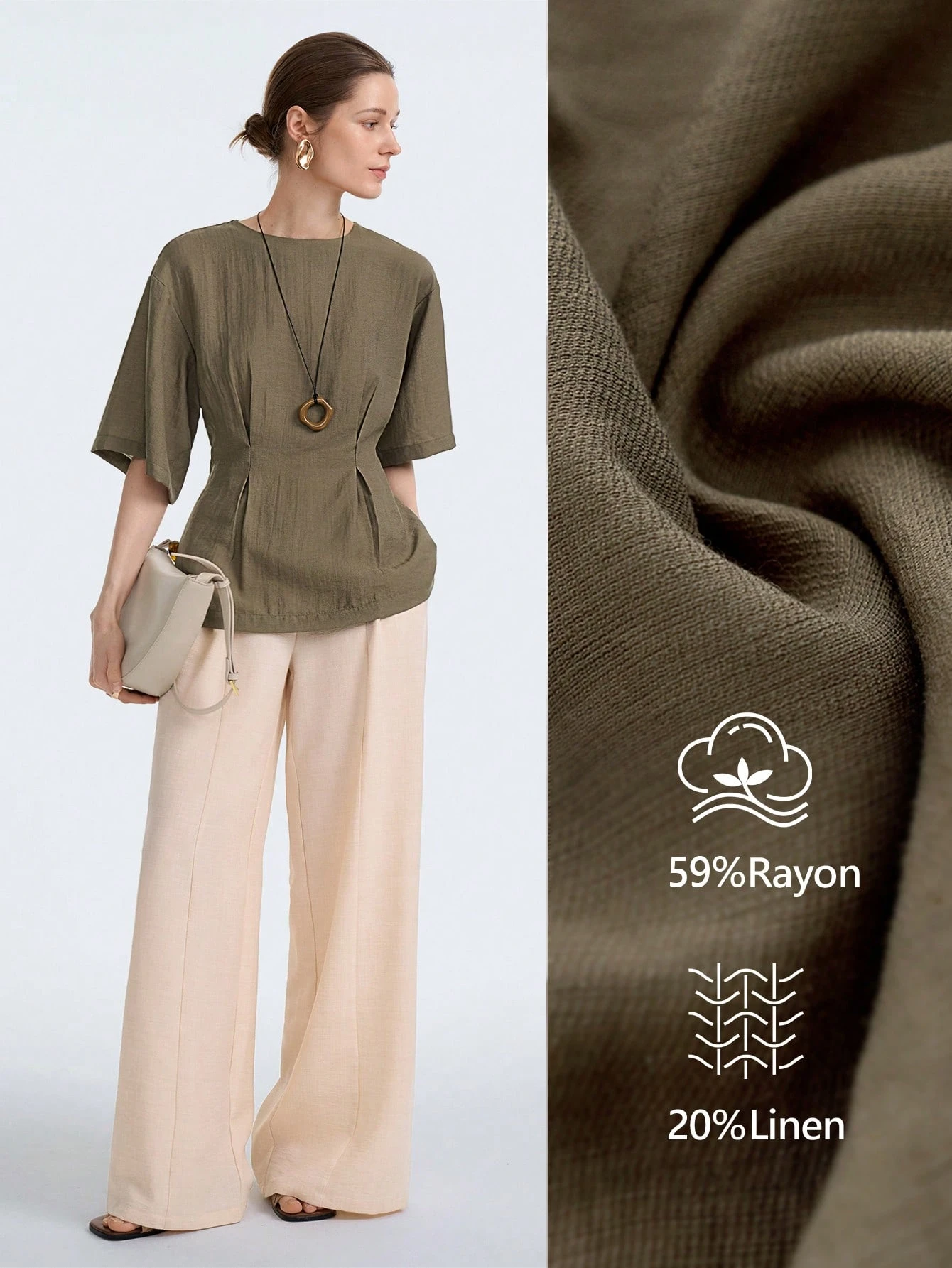 Aalyst Blouse à manches courtes avec taille froncée, col rond, en mélange de lin. — vue 3