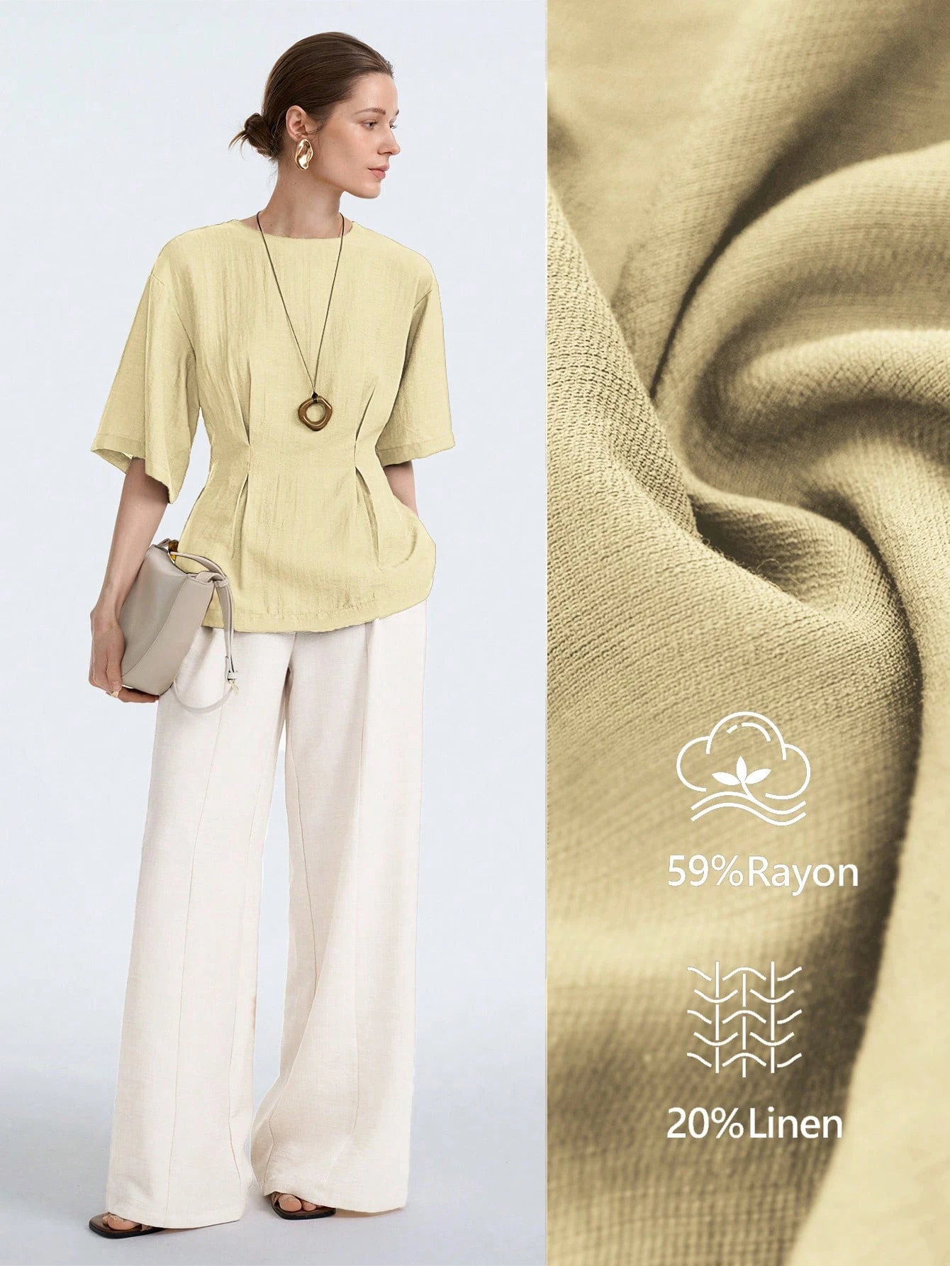 Aalyst Blouse à manches courtes avec taille froncée, col rond, en mélange de lin. — vue 6