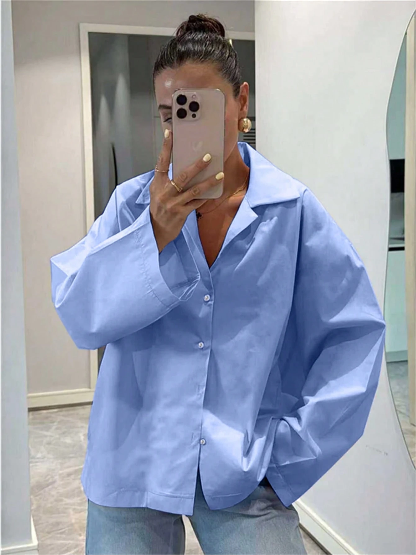 Chemise femme bleu clair à manches longues, style vintage élégant et décontracté, pour — vue 11