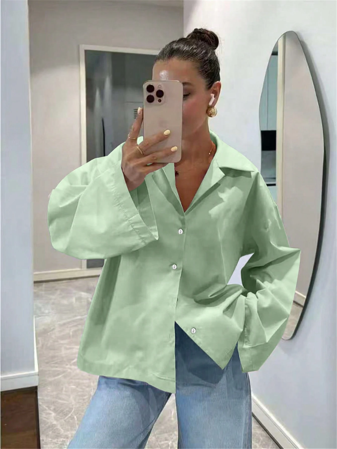 Chemise femme bleu clair à manches longues, style vintage élégant et décontracté, pour — vue 9