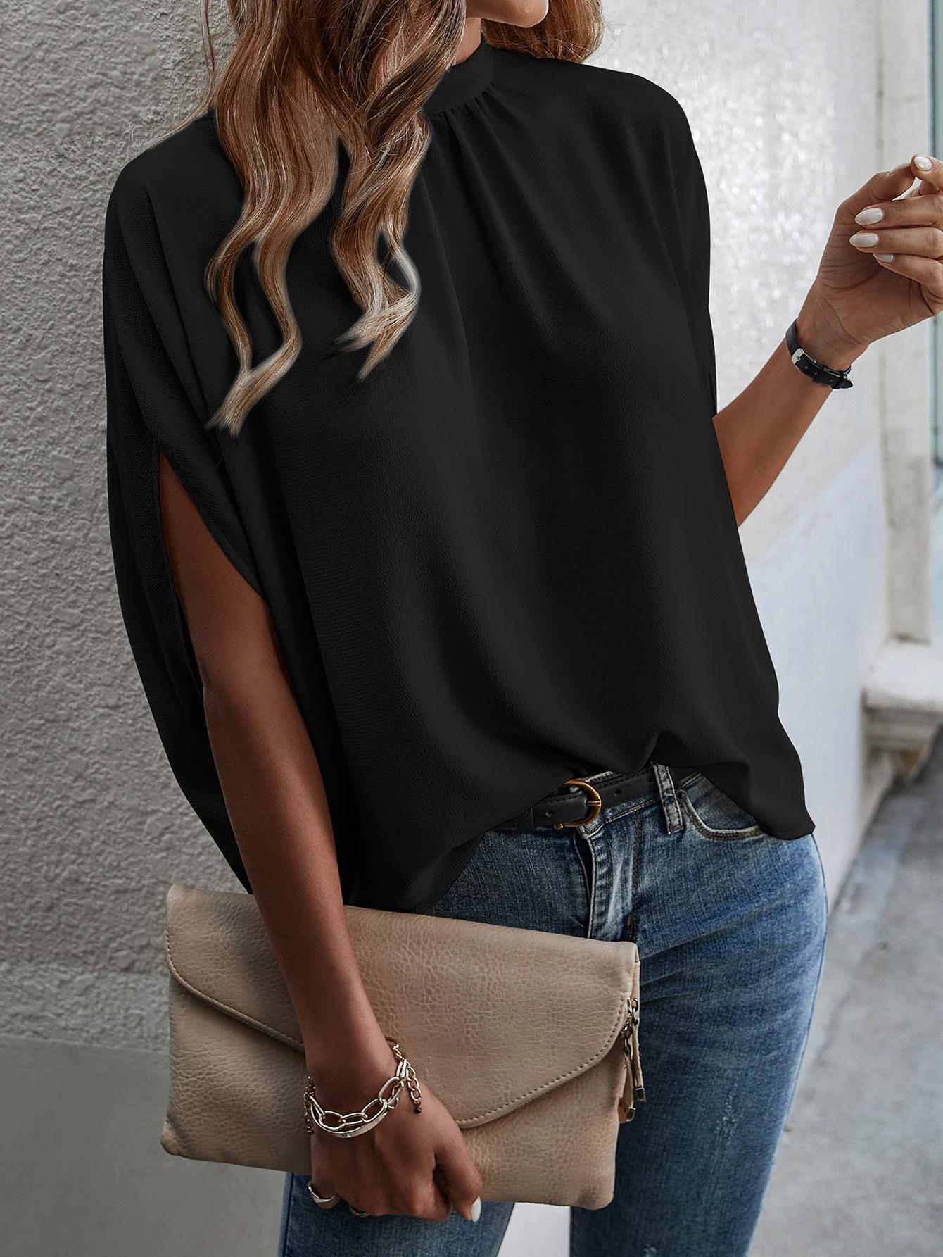 EMERY ROSE Blouse unie à manches chauve-souris avec attache au dos — vue 9