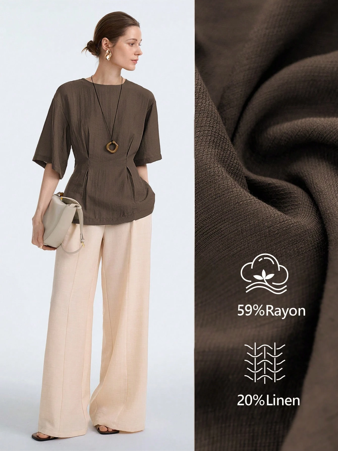Aalyst Blouse à manches courtes avec taille froncée, col rond, en mélange de lin. — vue 8