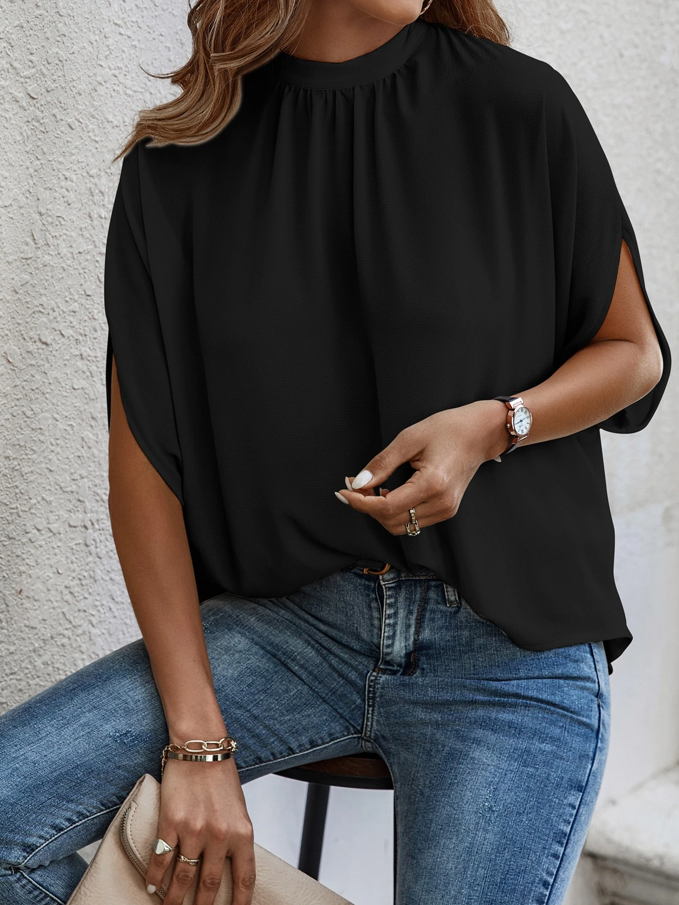 EMERY ROSE Blouse unie à manches chauve-souris avec attache au dos — vue 11