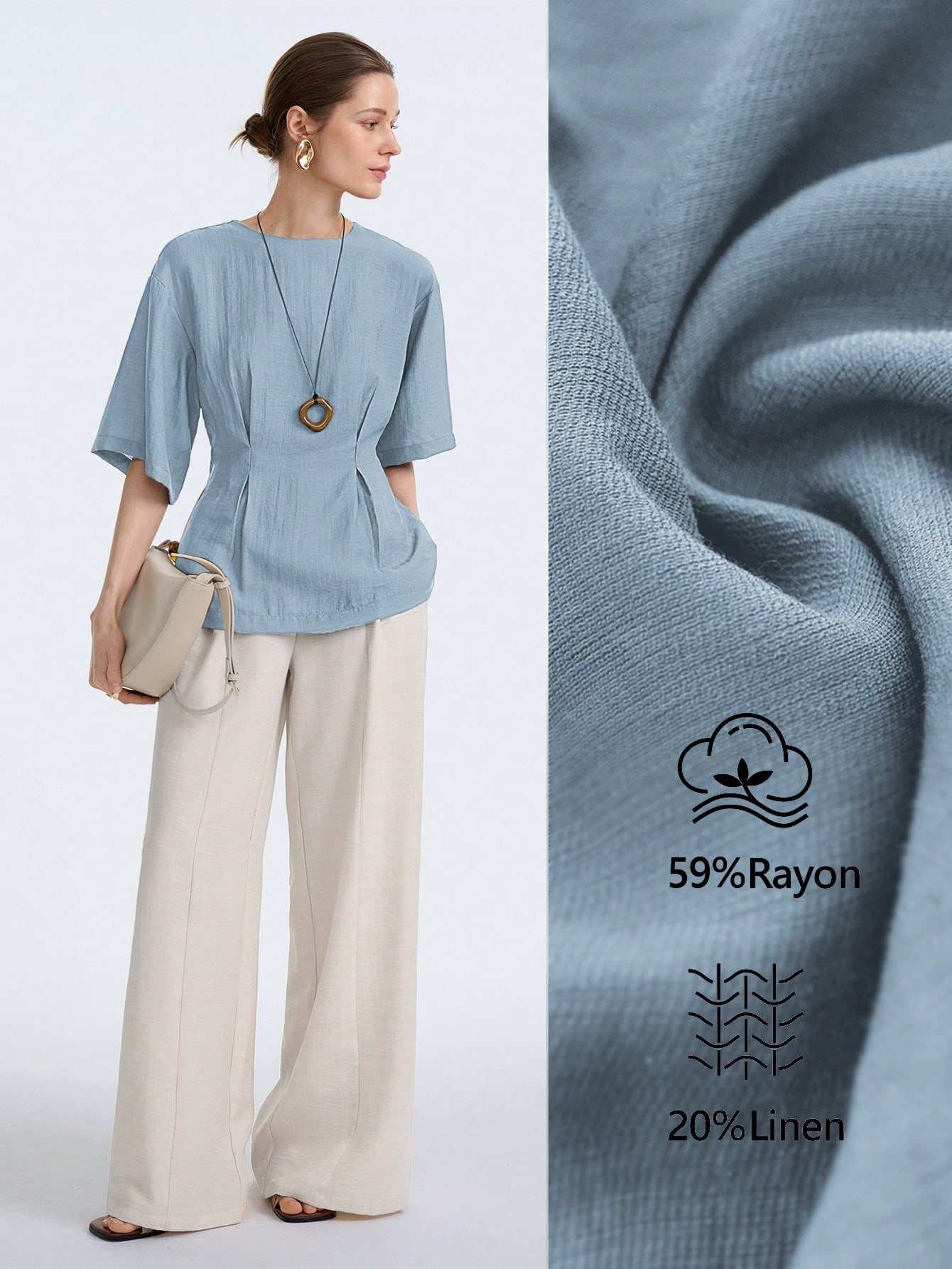 Aalyst Blouse à manches courtes avec taille froncée, col rond, en mélange de lin. — vue 7