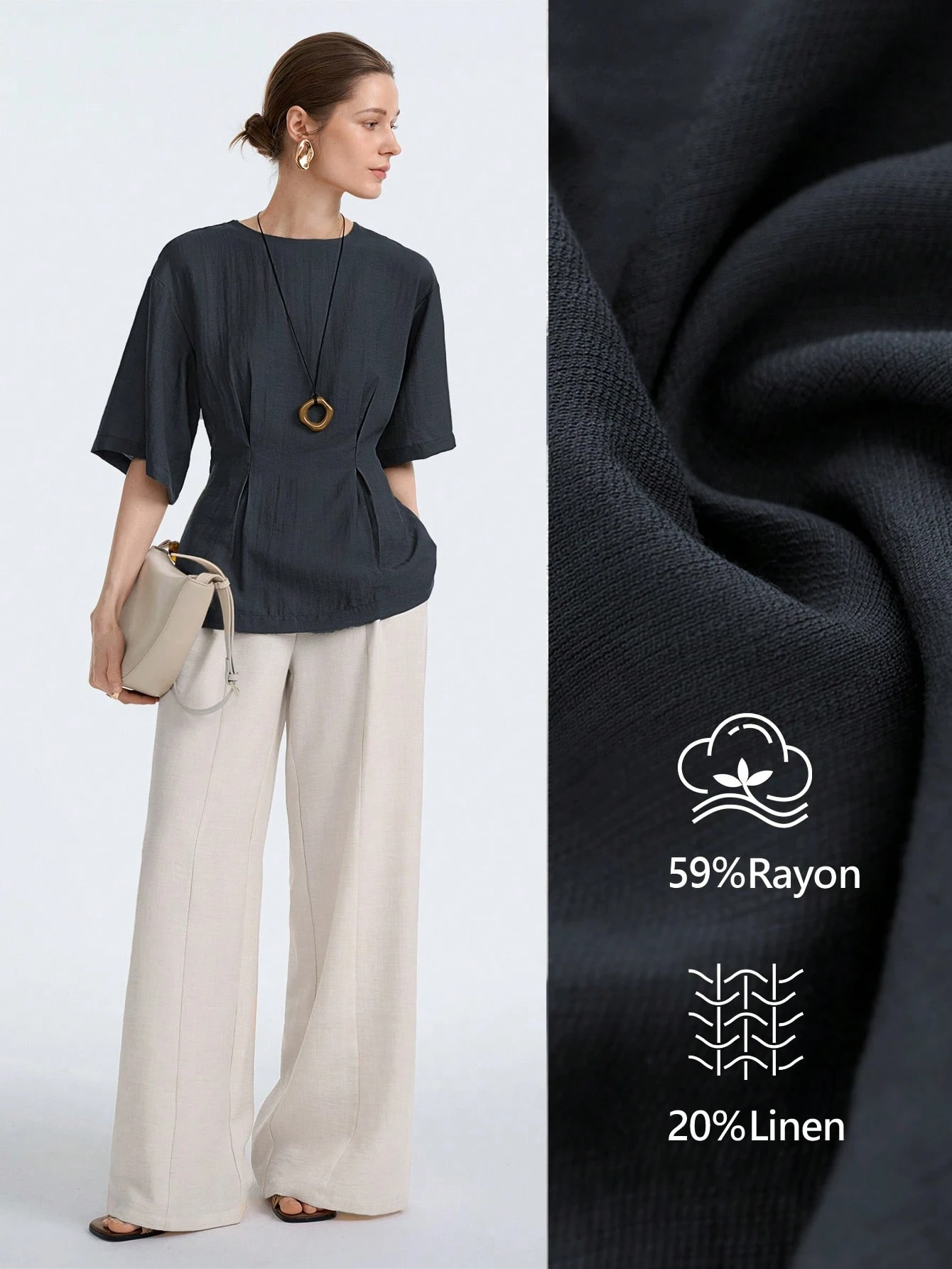 Aalyst Blouse à manches courtes avec taille froncée, col rond, en mélange de lin. — vue 9