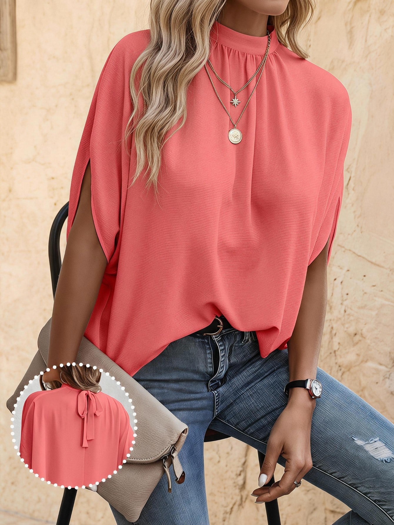 EMERY ROSE Blouse à nœud à manches chauve-souris unicolore — vue 15