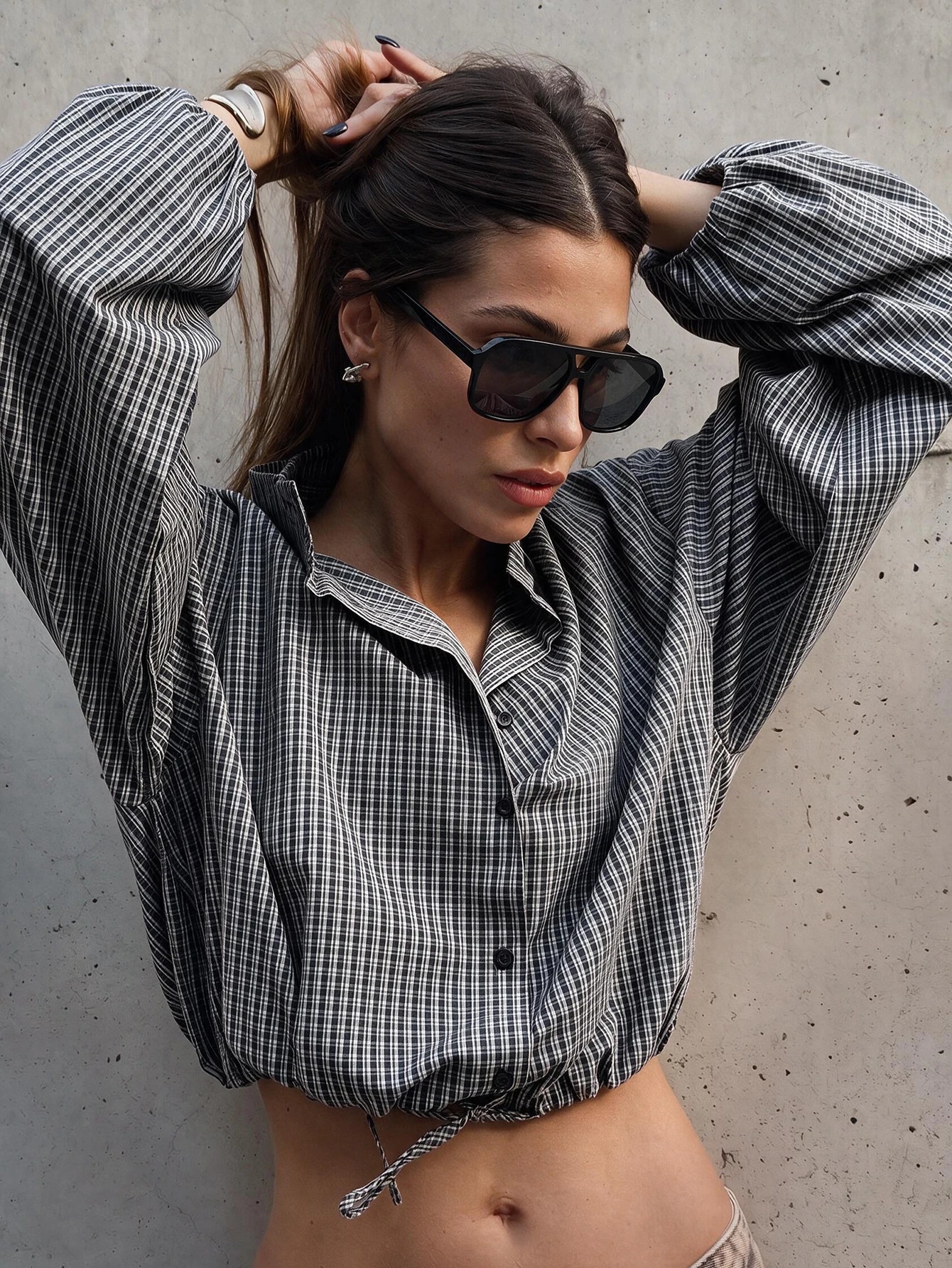 Chemise à manches longues à carreaux pour femmes avec ourlet élastique, style — vue 5