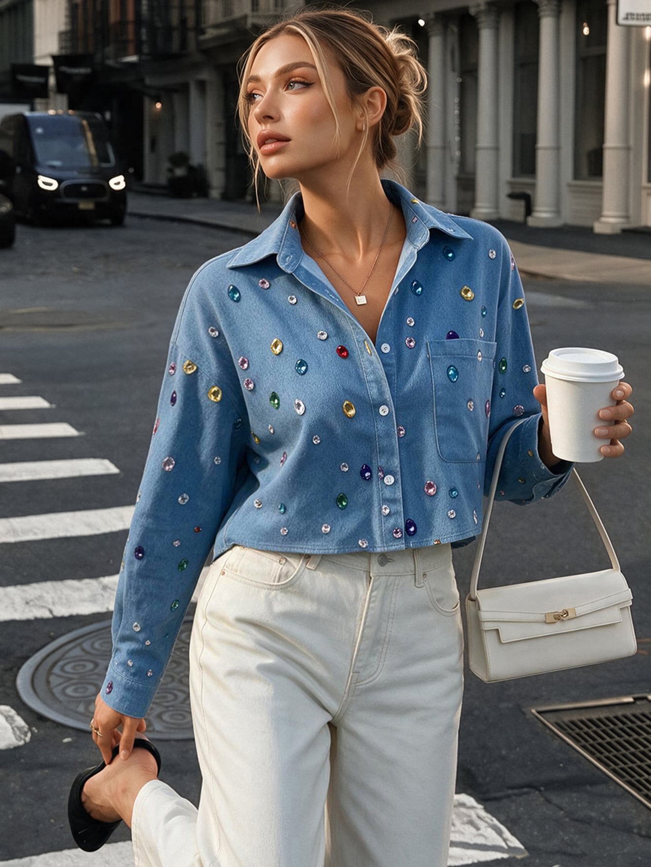 Chemise décontractée à manches longues, col rond, simple boutonnage et poches pour — vue 5