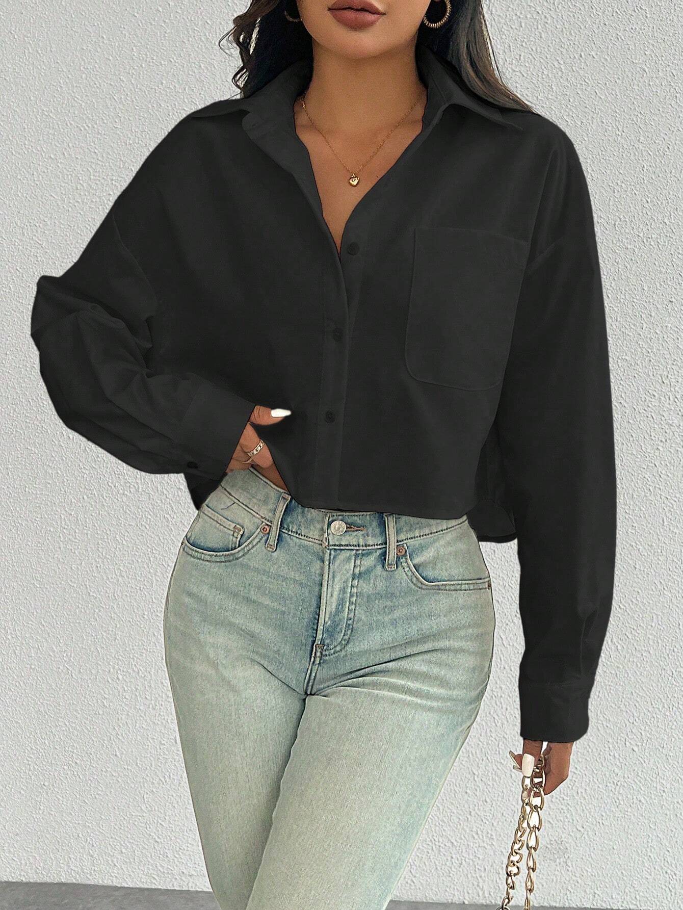 Chemise décontractée à manches longues, col rond, simple boutonnage et poches pour — vue 2