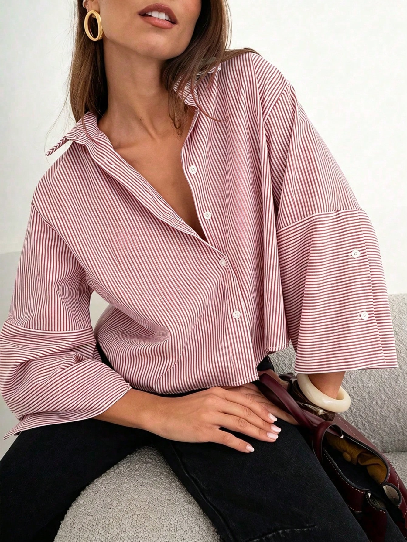Chemise ample à rayures pour femmes, épaules tombantes, manches 3/4, col à revers, — vue 5